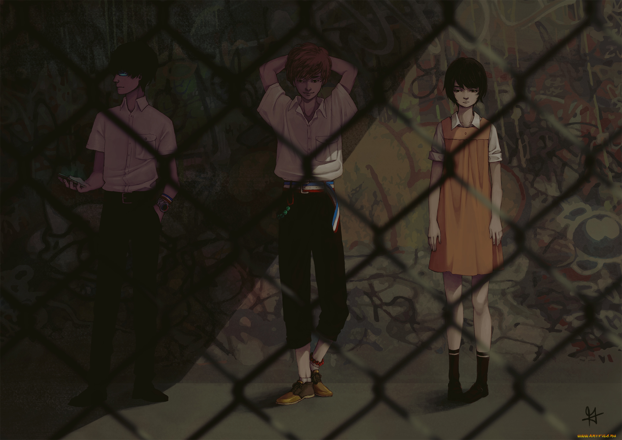 zankyou, no, terror, аниме, полумрак, арт, девушка, парни, сетка, zankyou, no, terror