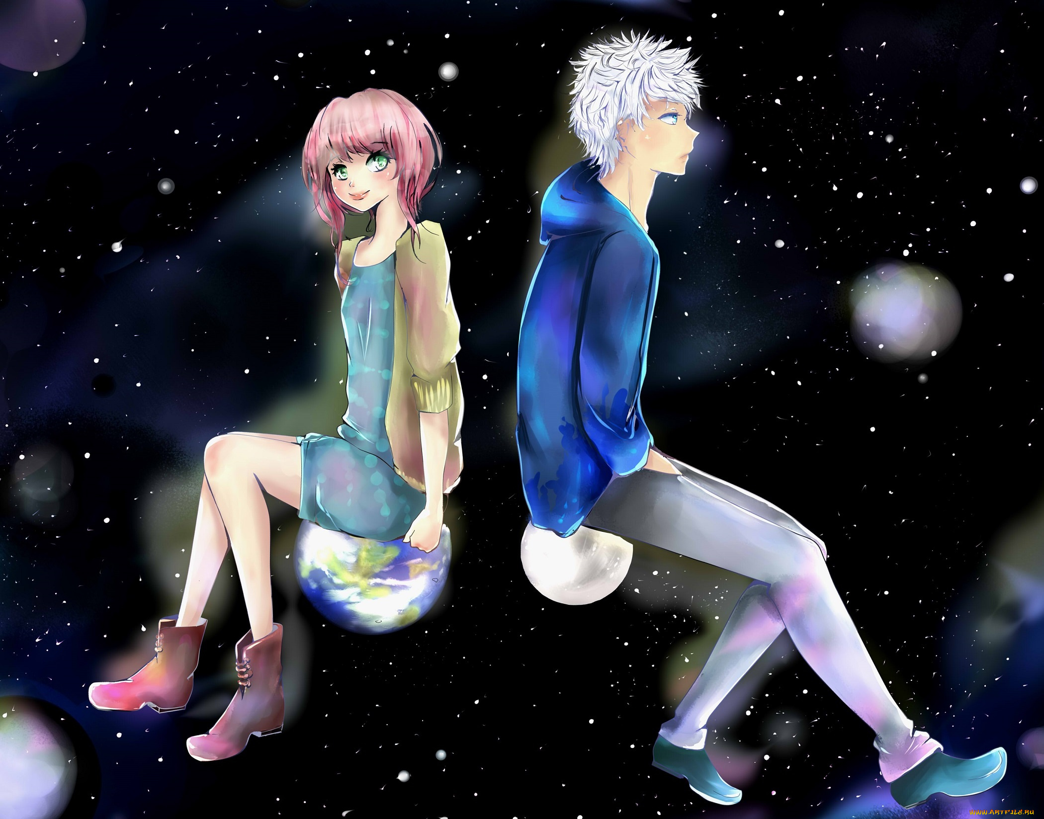 аниме, unknown, , другое, девушка, парень, космос, арт