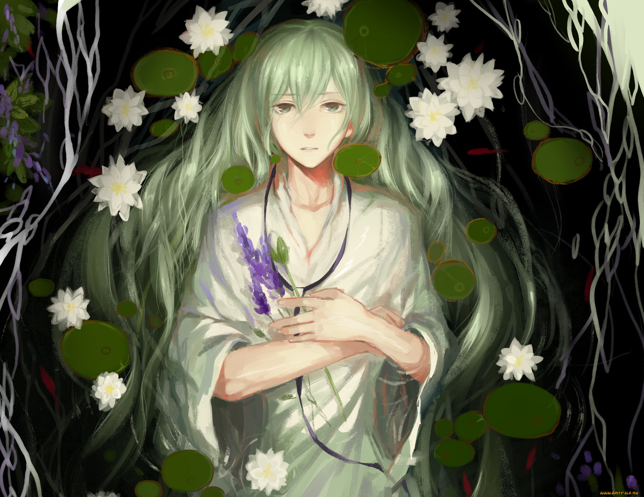 аниме, fate, stay, night, арт, rrr, 627470487, strange, fake, enkidu, парень, вода, цветы