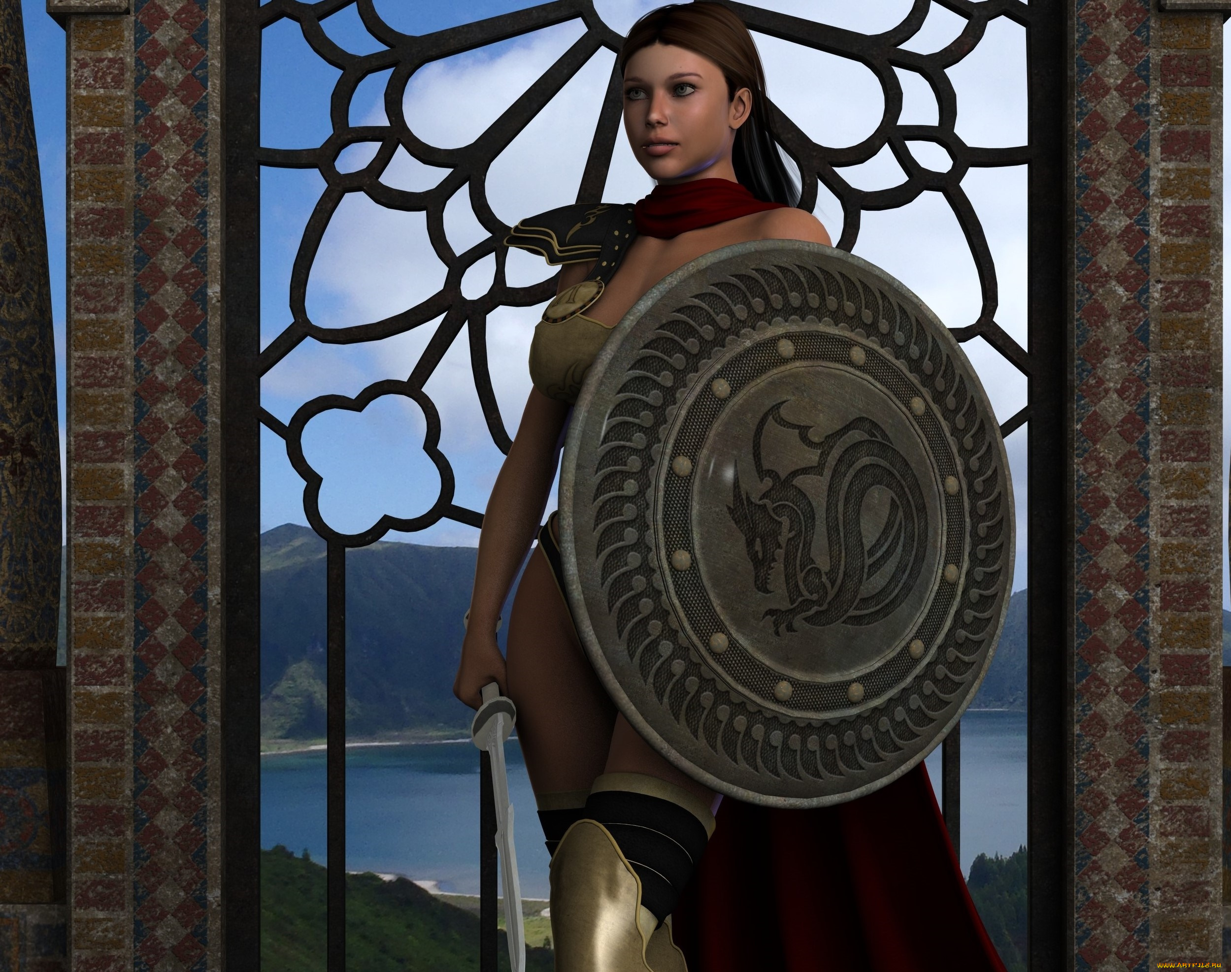 3д, графика, амазонки, , amazon, взгляд, девушка, оружие, щит, фон