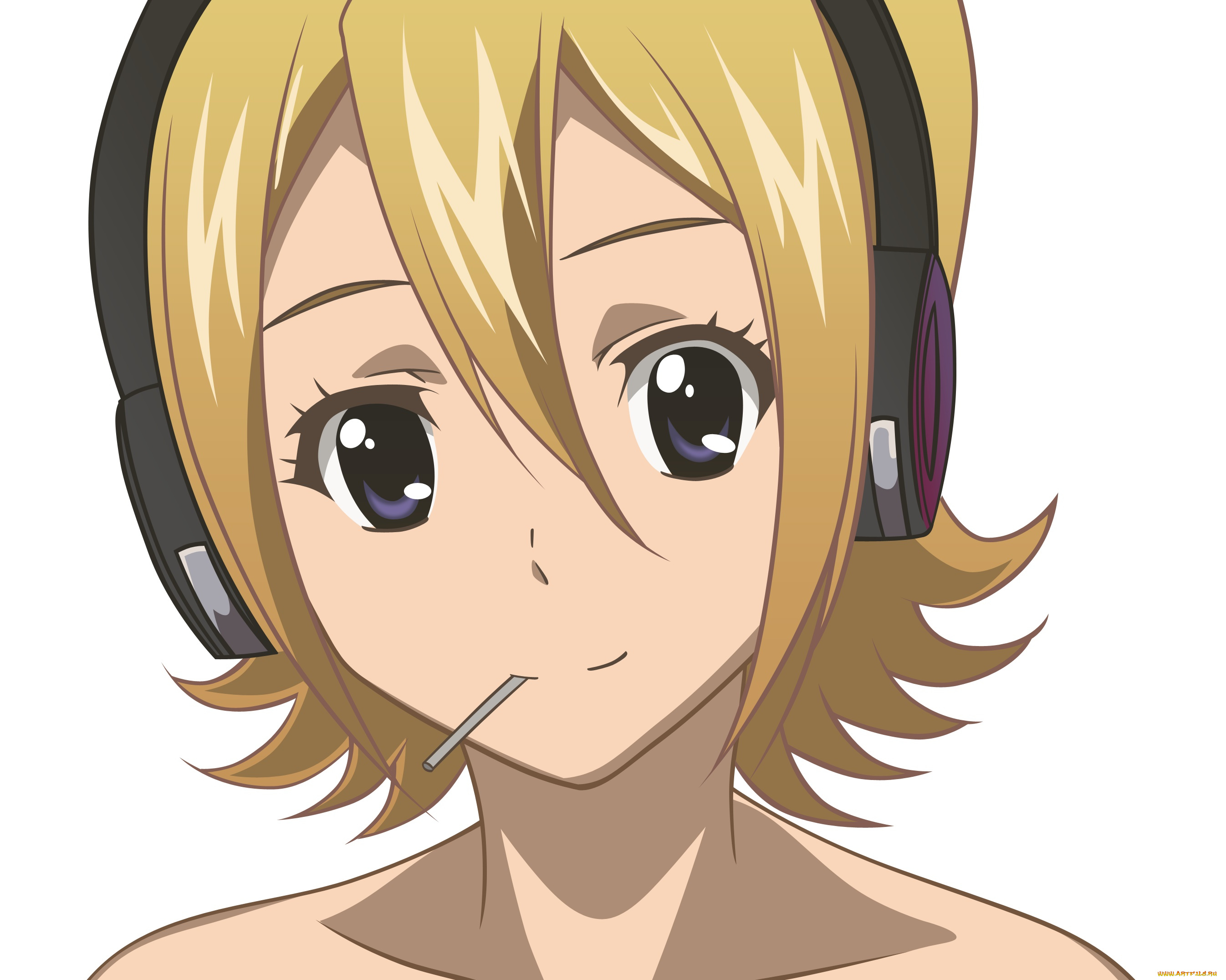 аниме, музыка, наушники, девушка, взгляд, фон