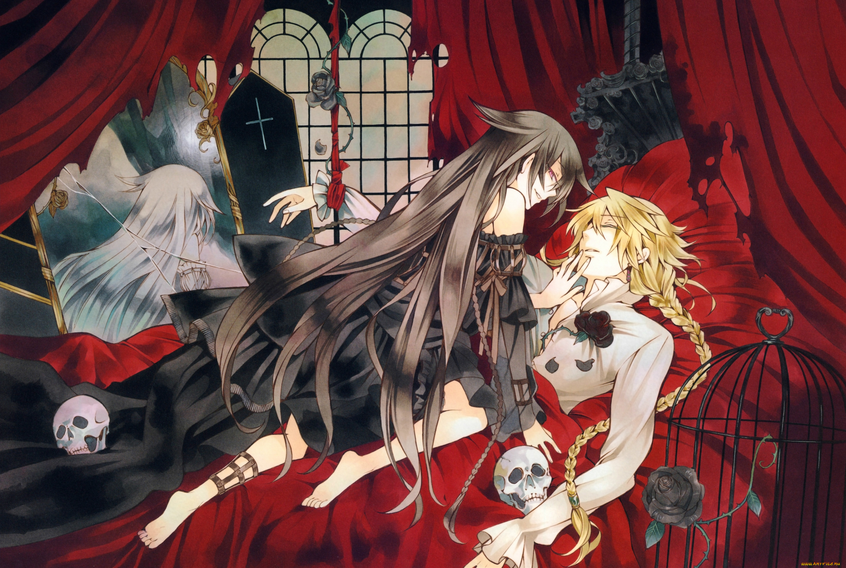 аниме, pandora, hearts, жертва, гроб, pandora, hearts, alice, baskerville, шипы, клетка, разбитое, зеркало, черепа
