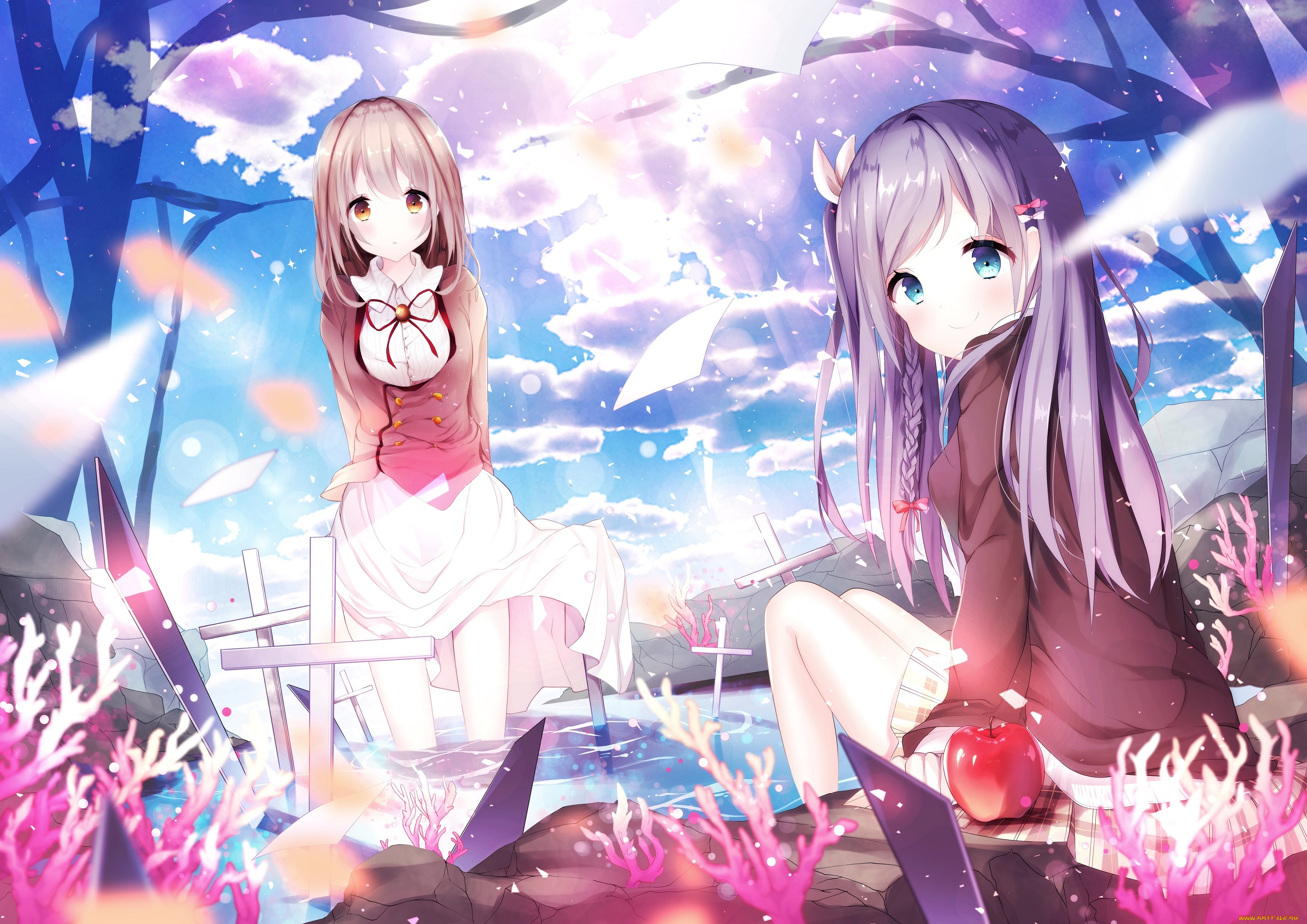 аниме, unknown, , другое, девочки, яблоко, арт, kabako