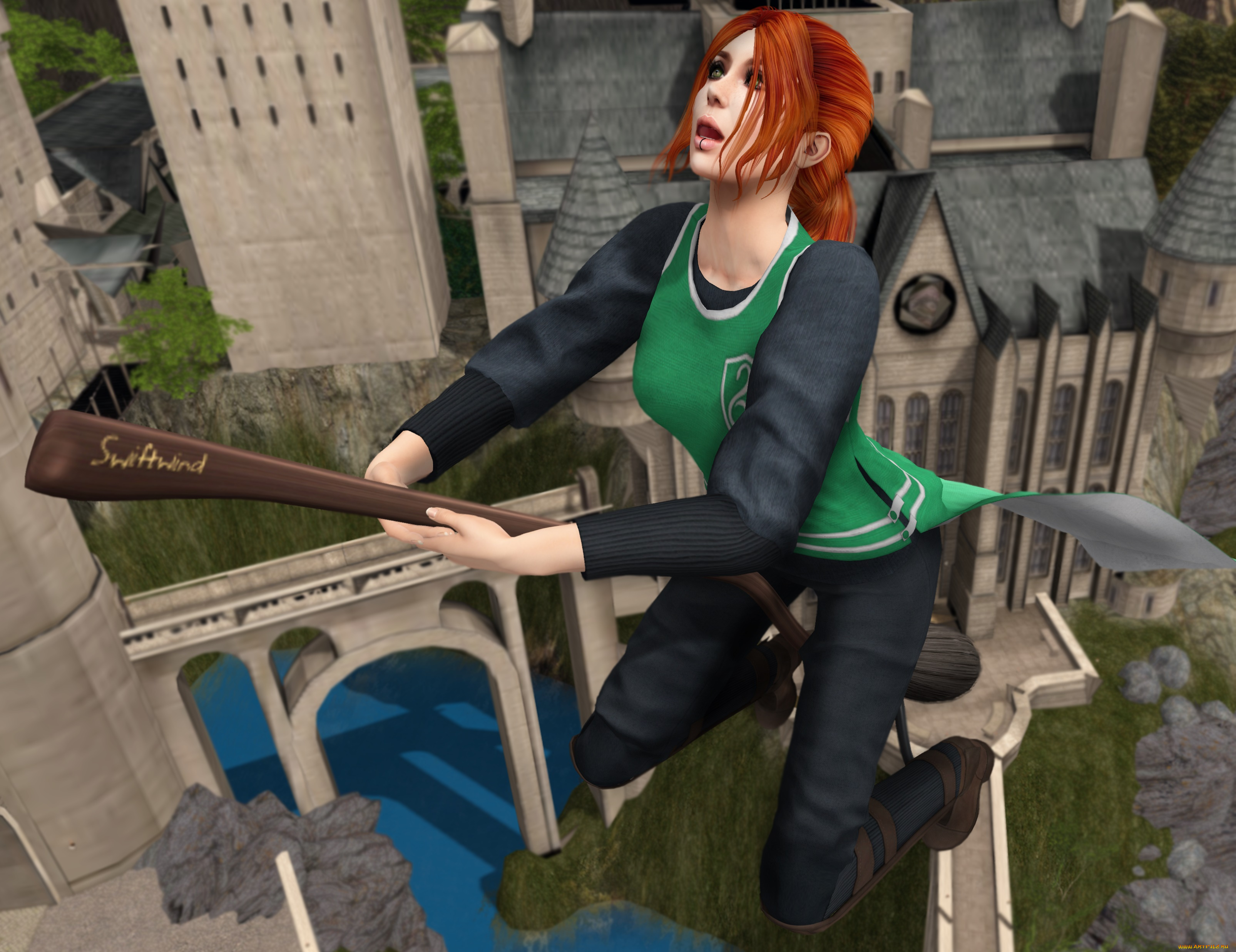 3д, графика, фантазия, , fantasy, метла, взгляд, фон, девушка, полет