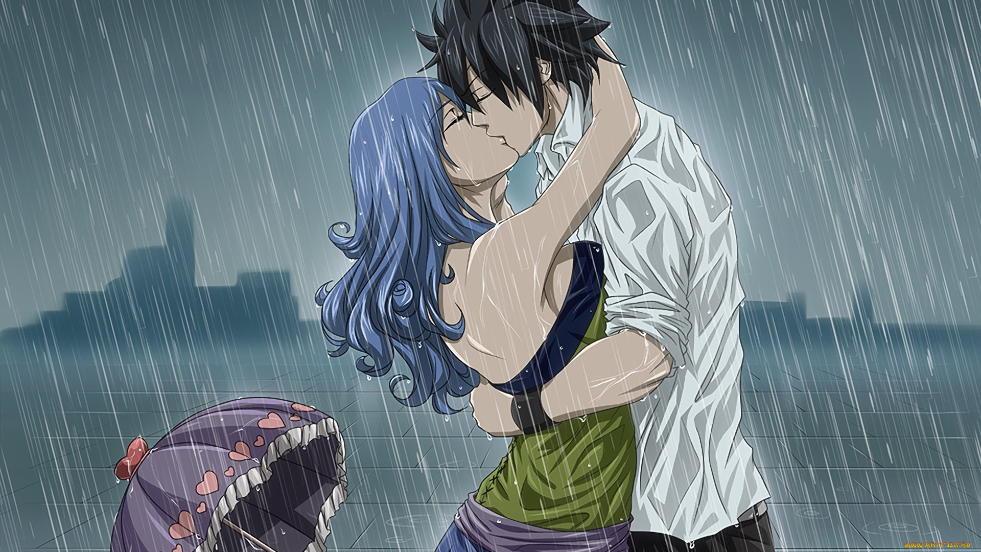 аниме, fairy, tail, фон, взгляд, девушка, поцелуй