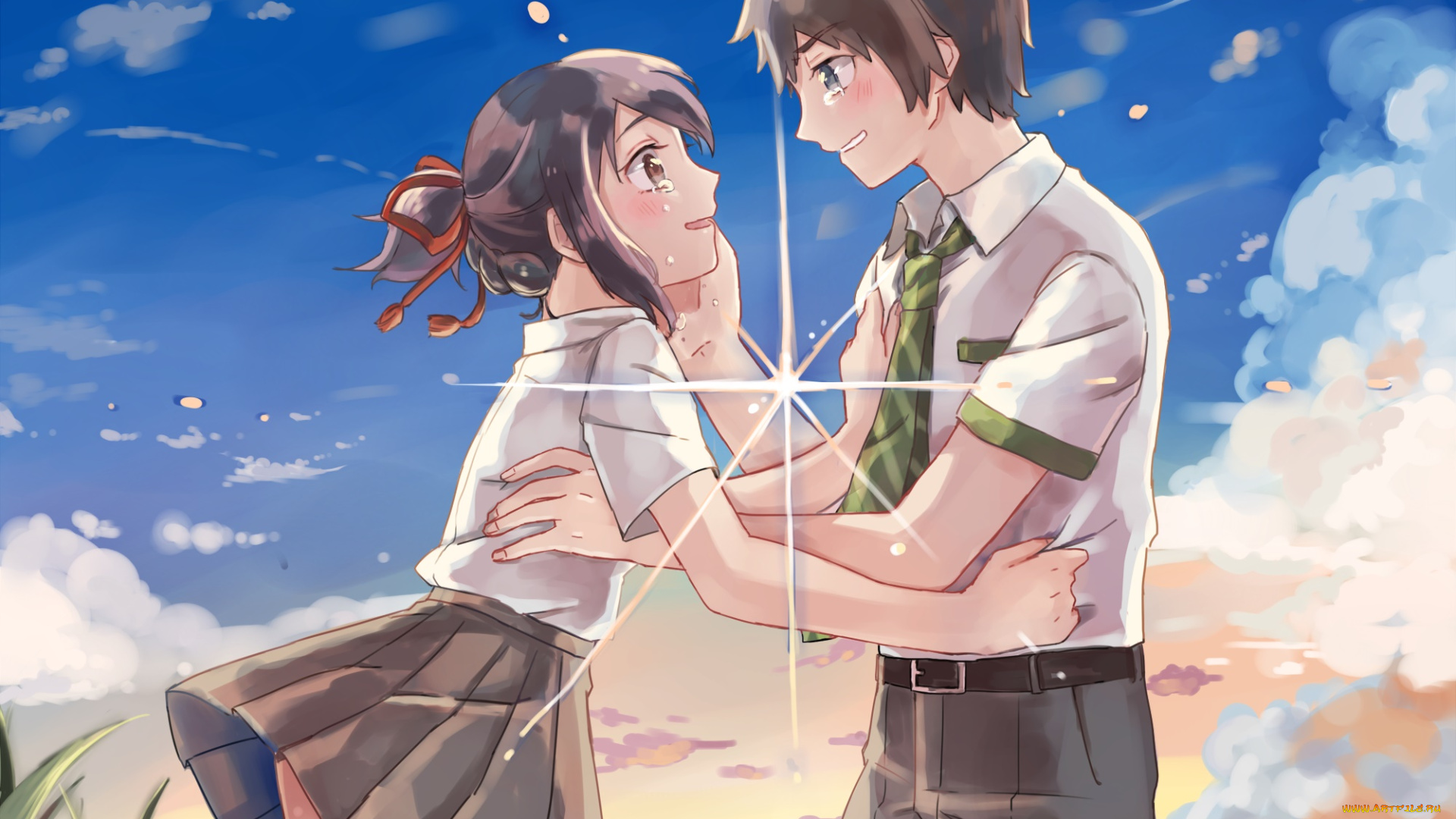 аниме, kimi, no, na, wa, фон, взгляд, девушка, парень