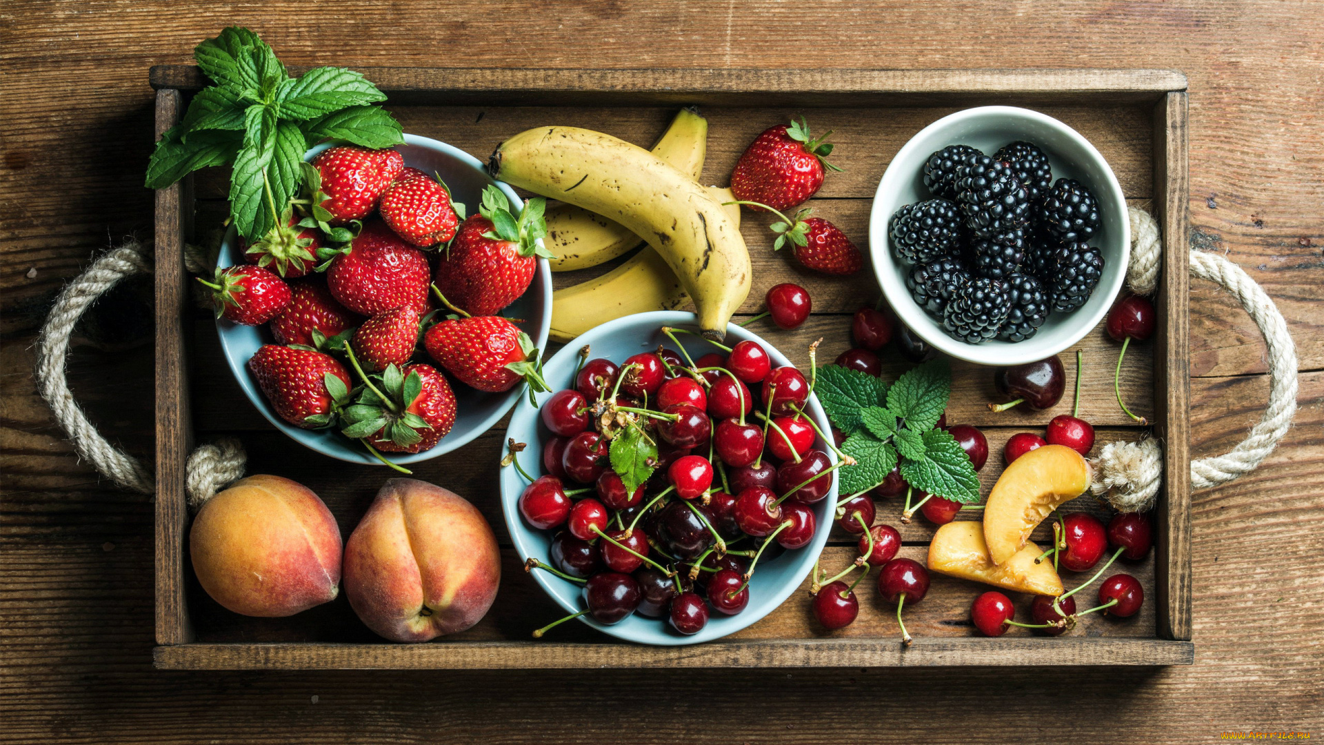 еда, фрукты, , ягоды, банан, ежевика, вишня, клубника, персик