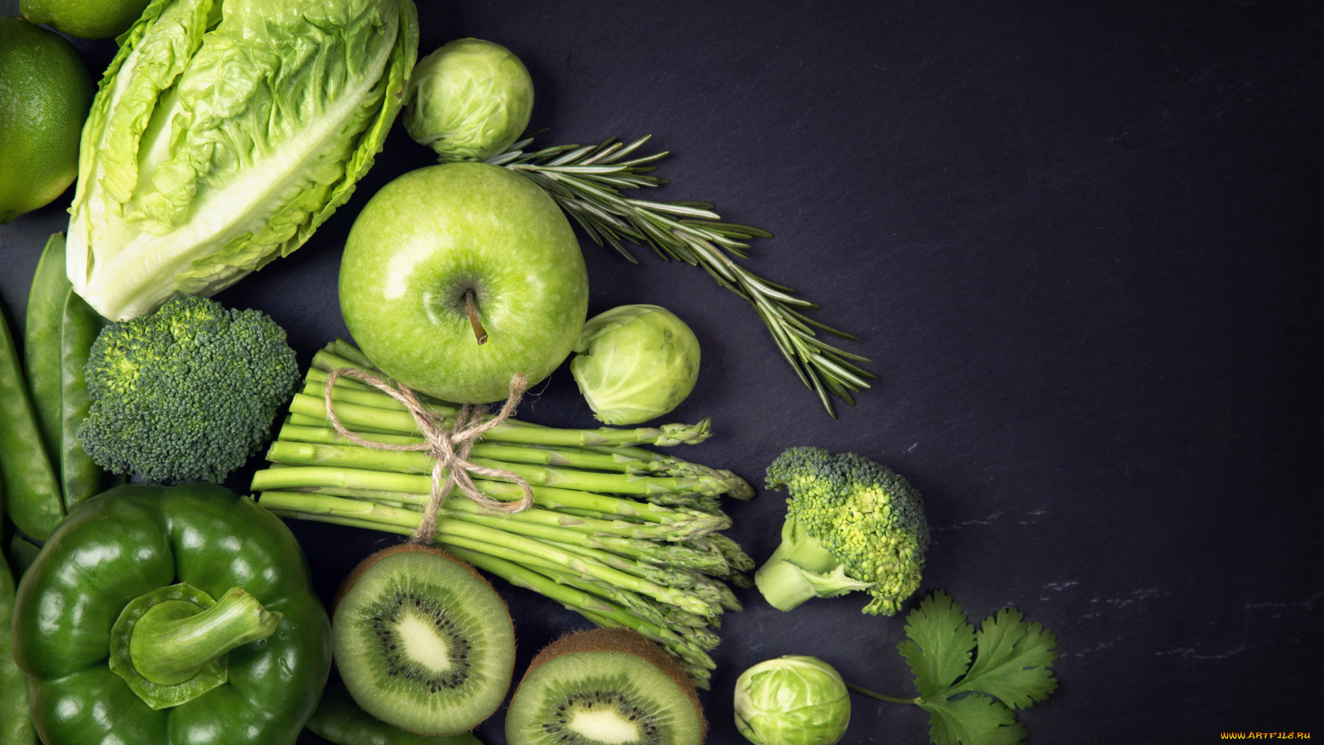 еда, фрукты, и, овощи, вместе, яблоко, киви, фасоль, перец, спаржа, лайм, салат, зеленый