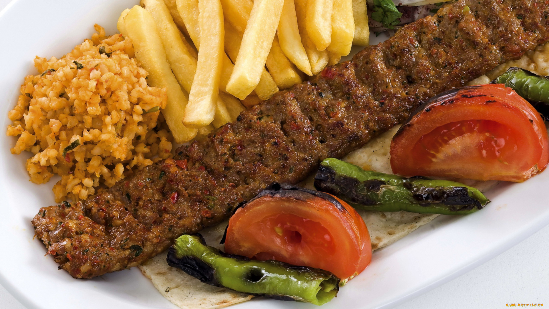 еда, мясные, блюда, кебаб, картофель, фри, помидоры, фасоль