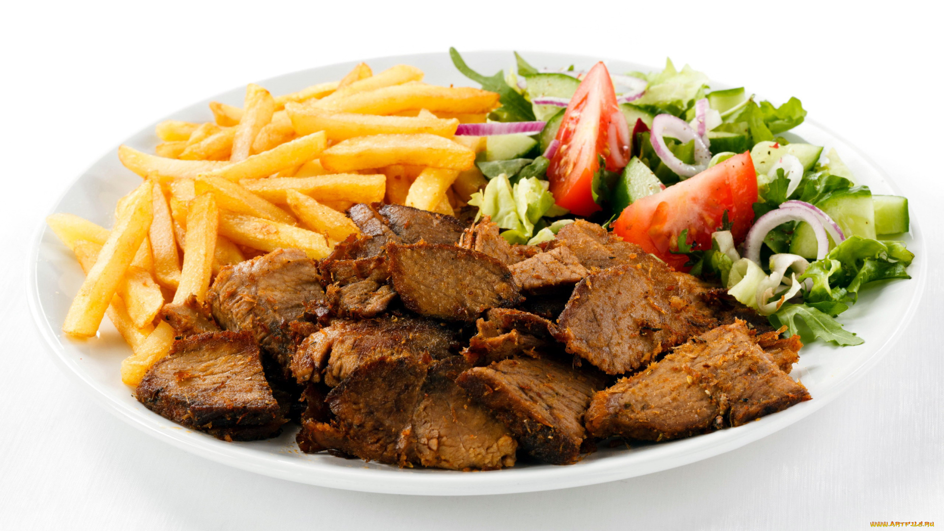 еда, мясные, блюда, кусочки, мясо, панировка, салат, картофель, фри