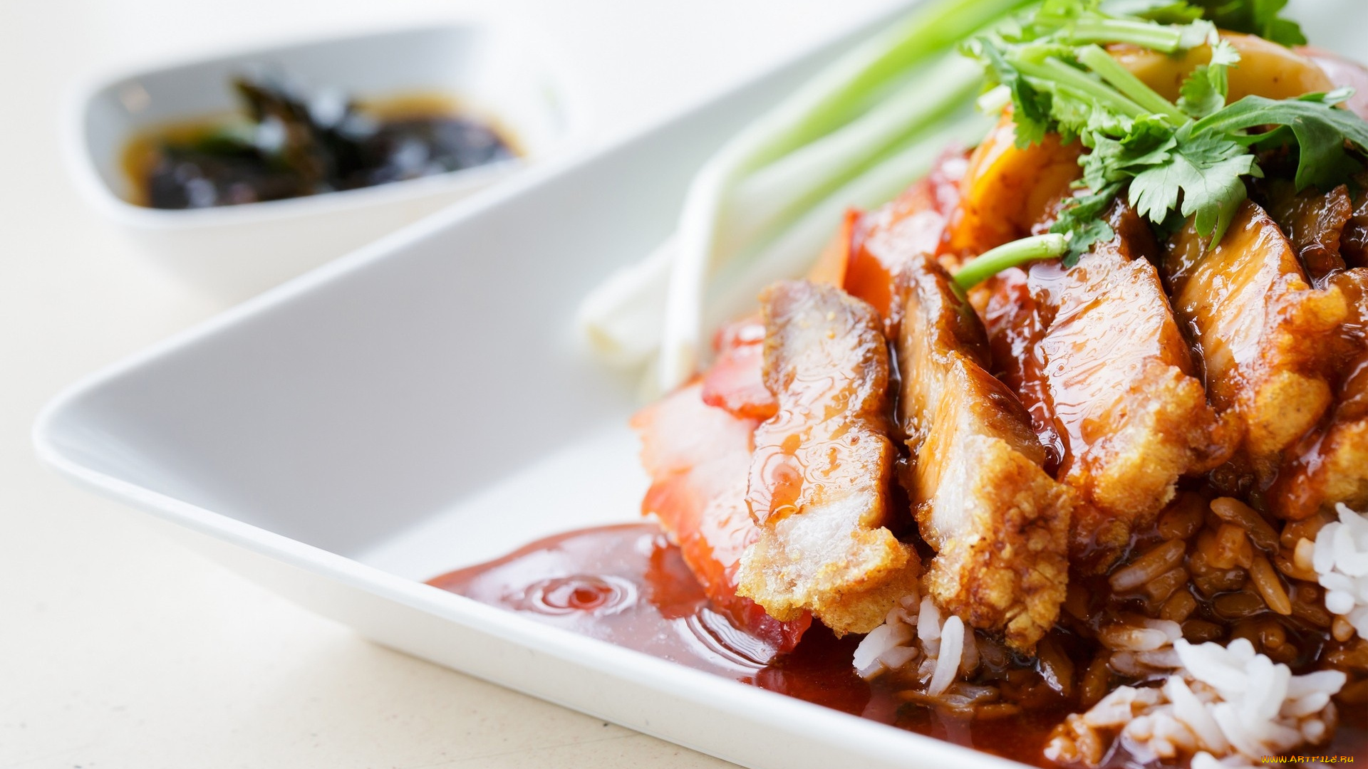 еда, мясные, блюда, ломтики, мясо, соус, зелень