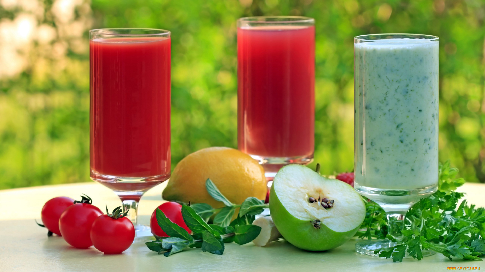еда, напитки, , сок, помидоры, лимон, яблоко, мята, петрушка
