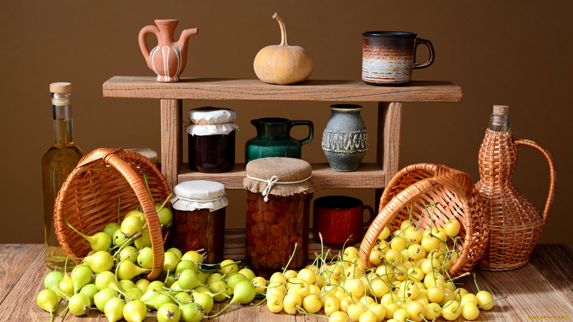 еда, натюрморт, варенье, корзинки, груши, сливы, мирабель