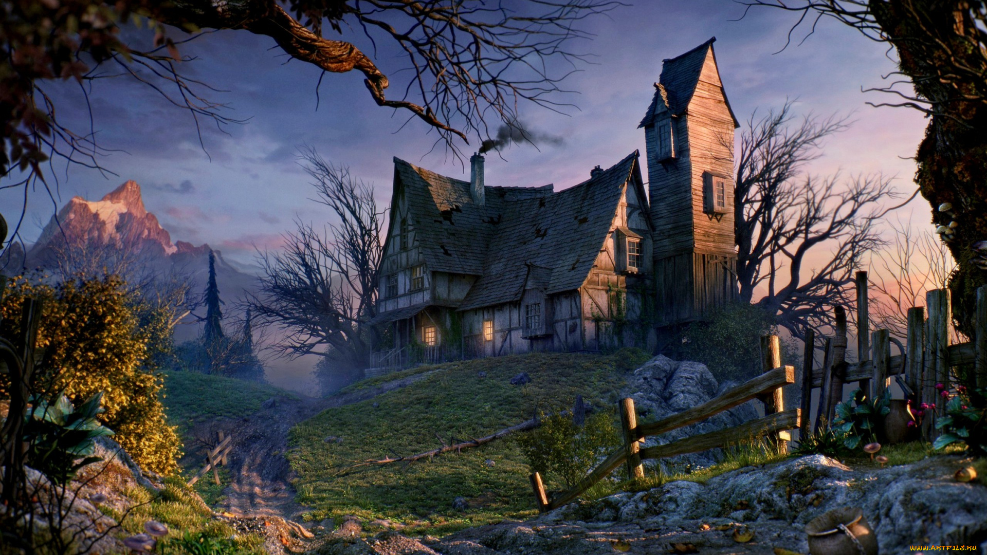 фэнтези, пейзажи, дорога, забор, горы, деревья, дом