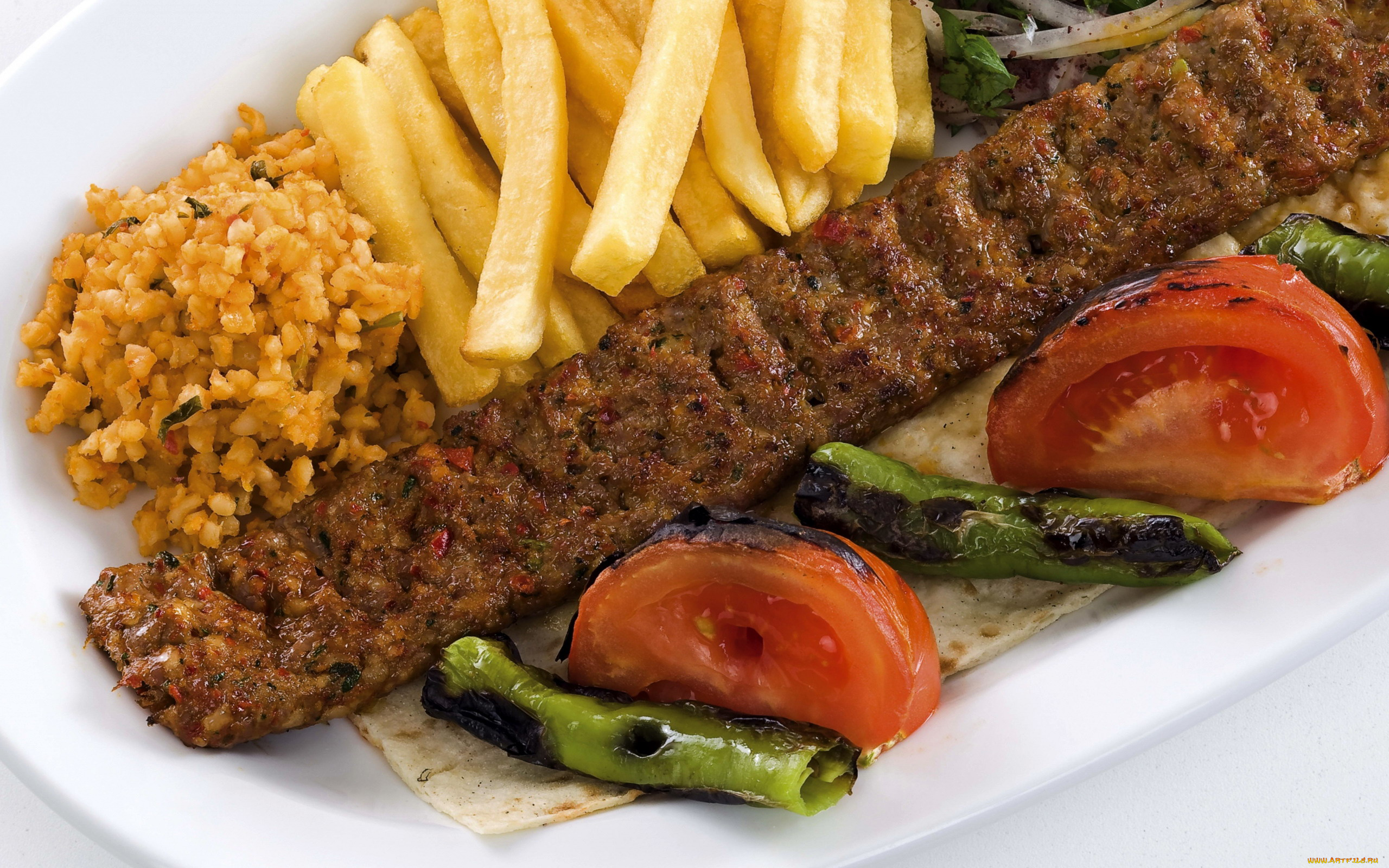 еда, мясные, блюда, кебаб, картофель, фри, помидоры, фасоль