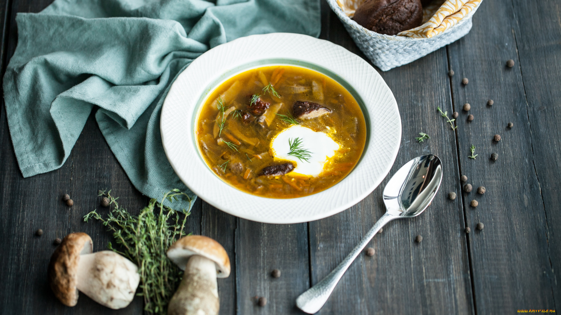 еда, первые, блюда, салфетка, грибы, первое, блюдо, грибной, суп, столовые, приборы