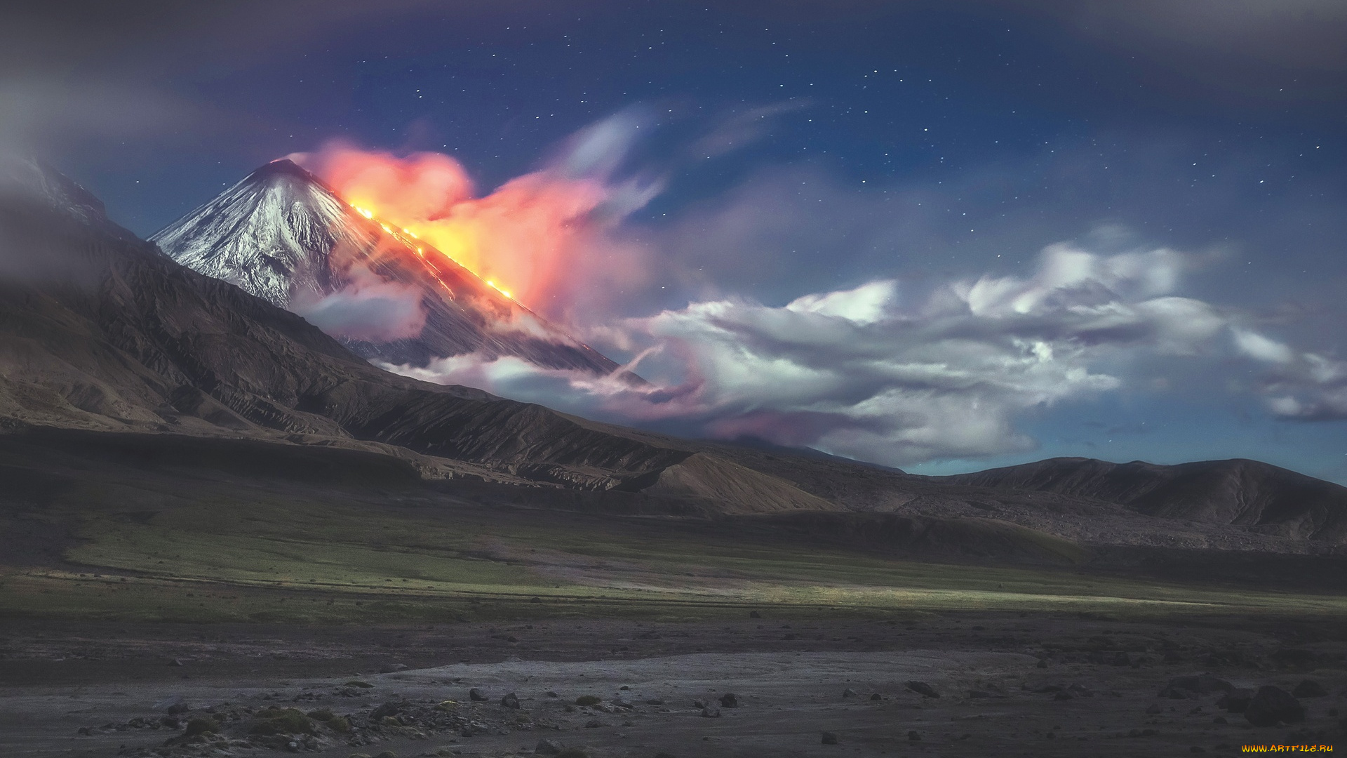 ключевская, сопка, , камчатка, , россия, природа, стихия, небо, горы, извержение, вулкан, звезды