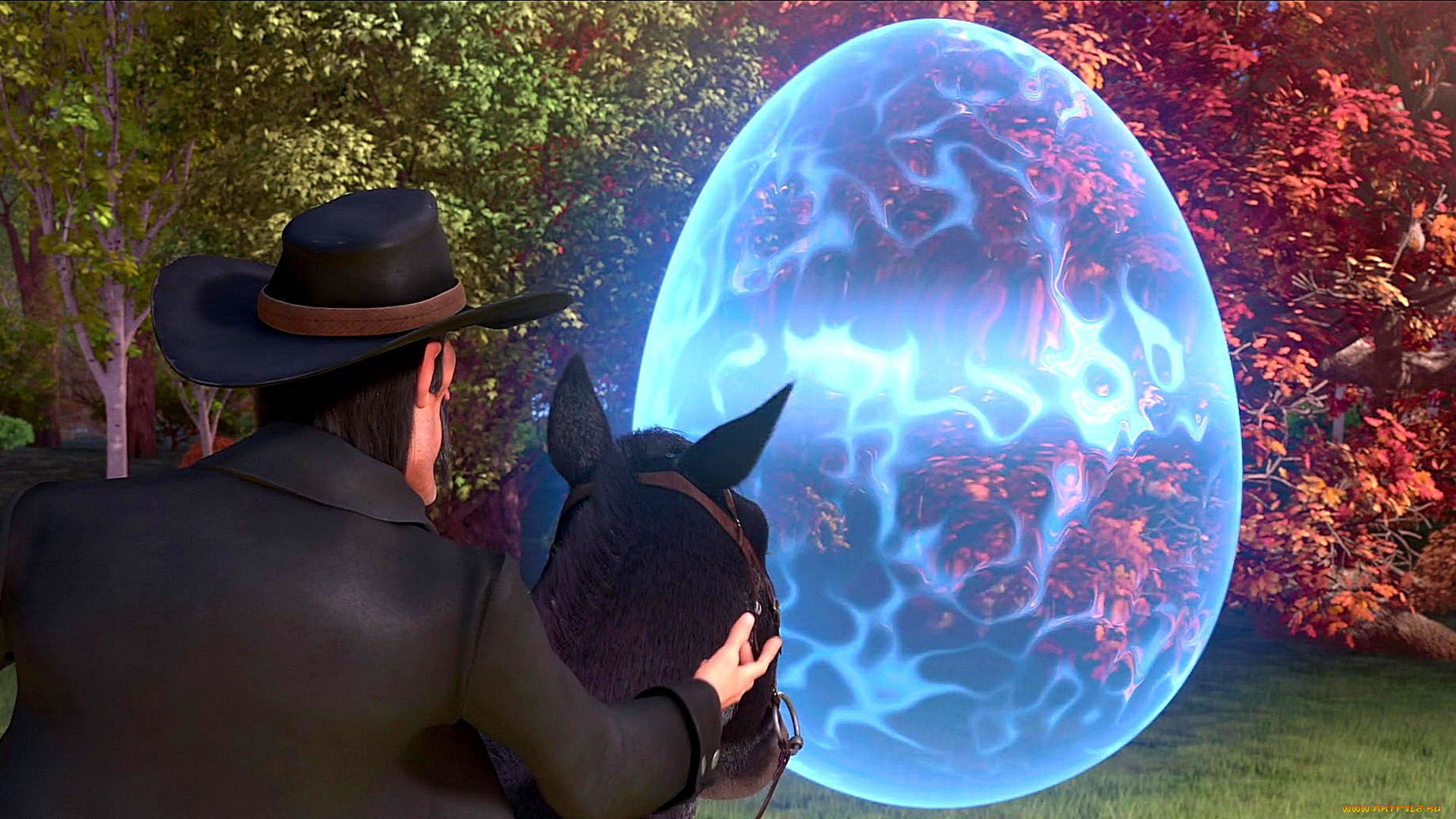 мультфильмы, free, birds, машина, времени, деревья, лошадь, шляпа, мужчина