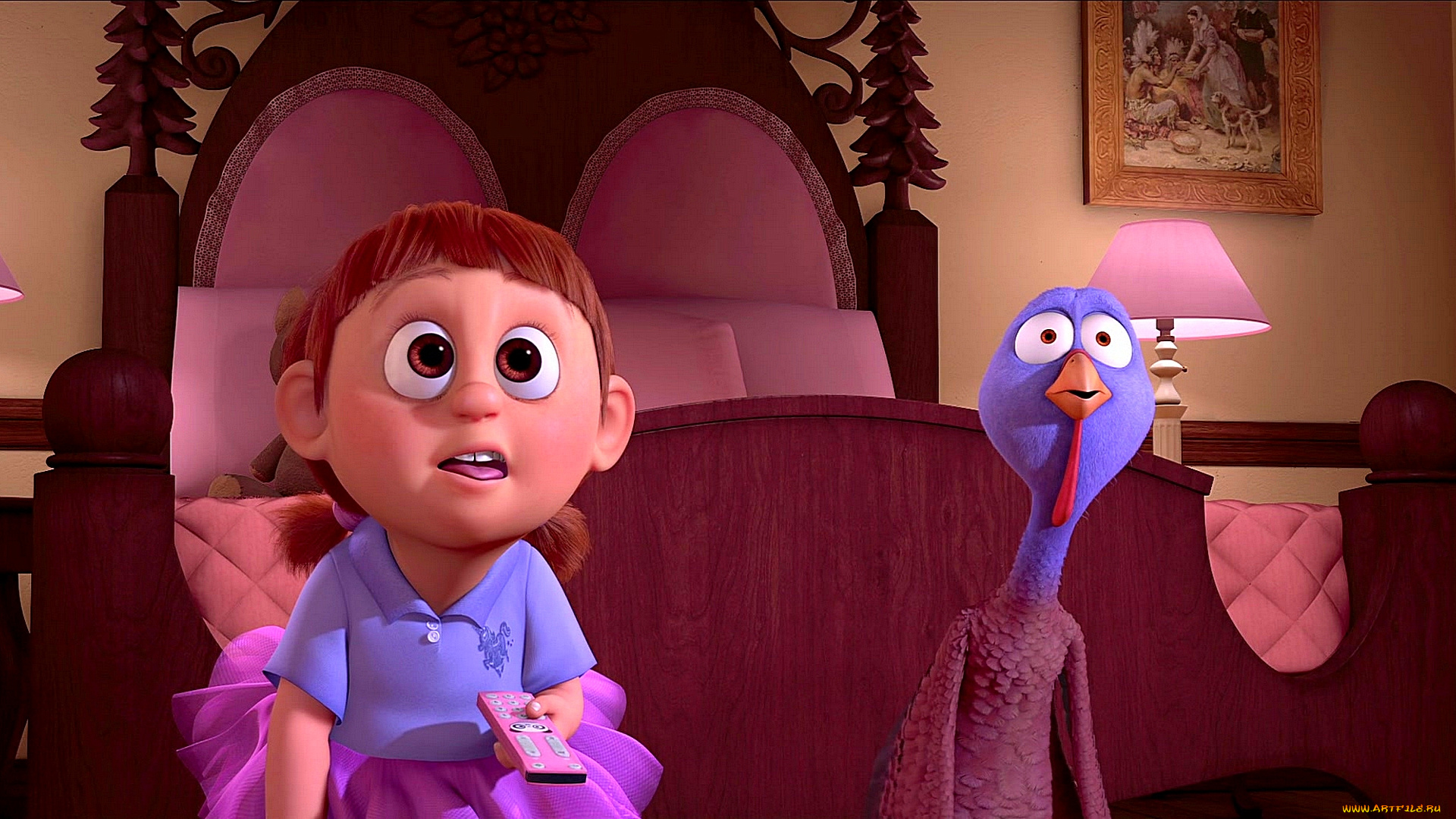 мультфильмы, free, birds, птица, картина, лампа, кровать, девочка, индюк