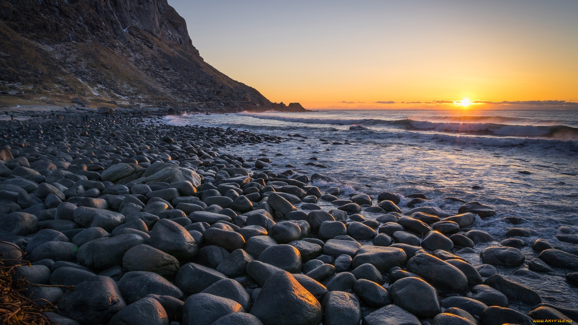 природа, побережье, закат, галька, скалы, камни, берег, море
