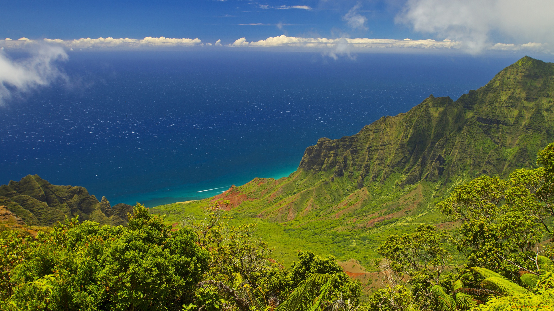 природа, побережье, зелень, горы, небо, море, панорама, берег