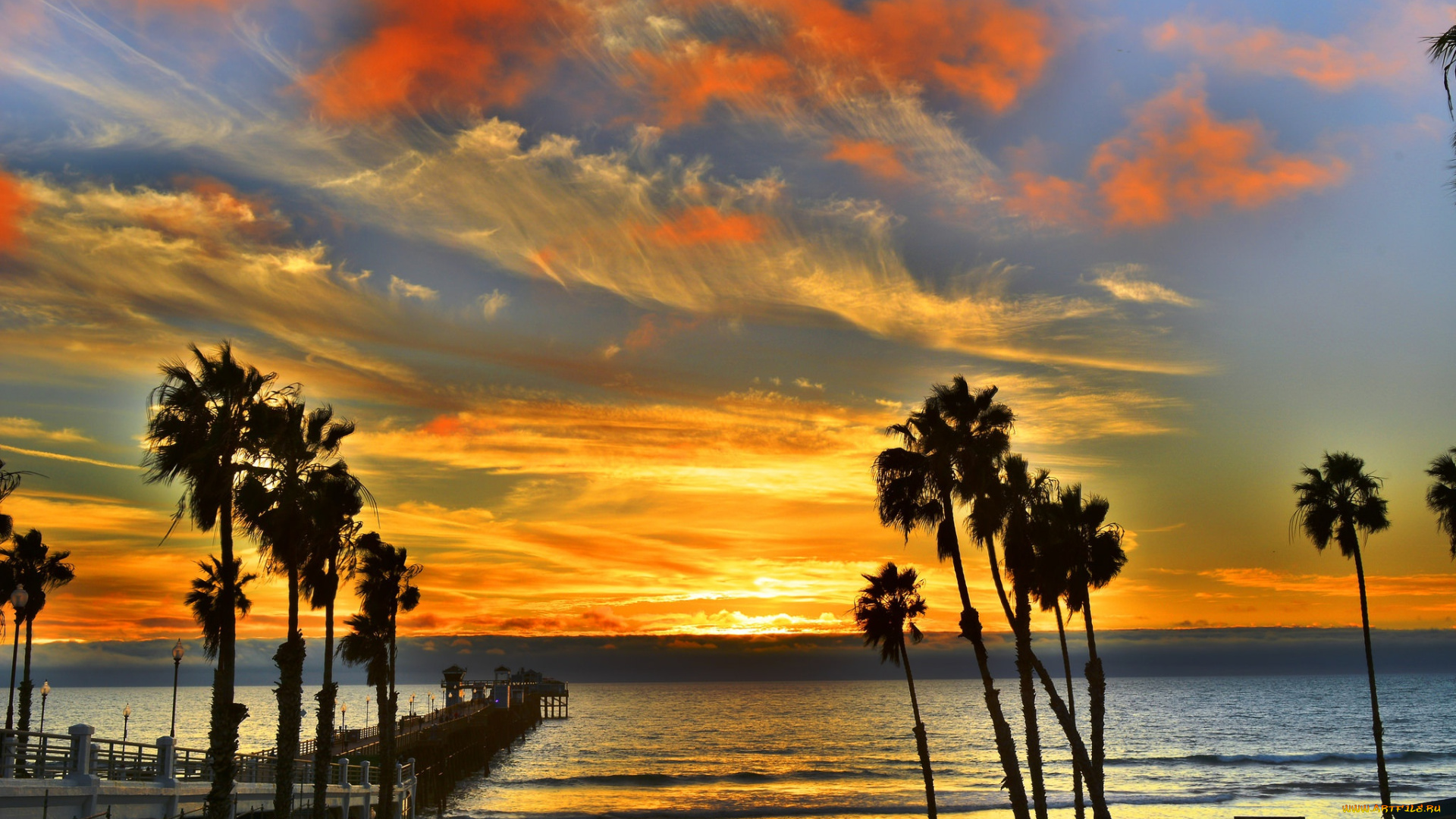 природа, восходы, закаты, небо, берег, закат, море, пальмы, пристань