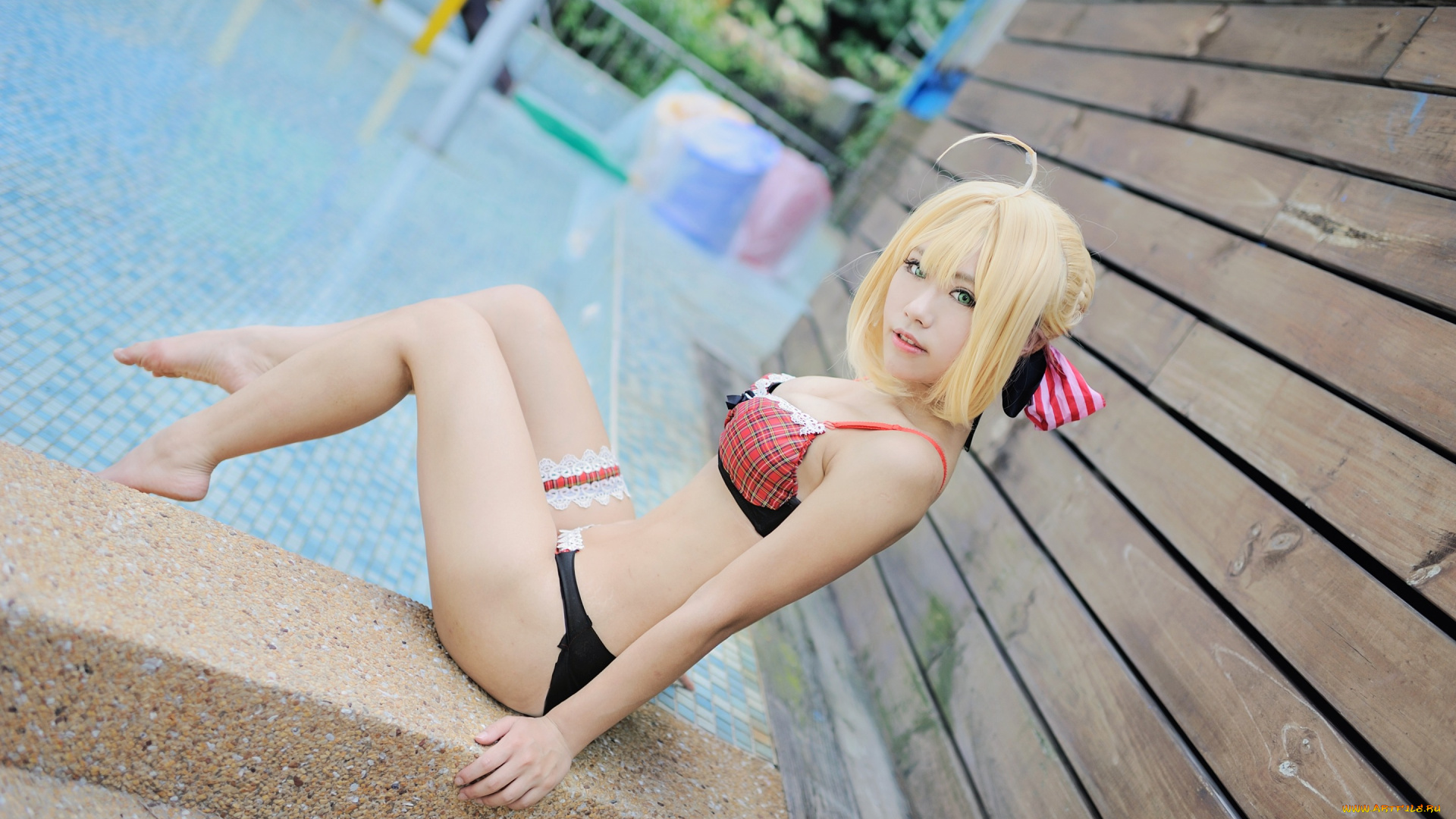 разное, cosplay, , косплей, сейбер, купальник, модель, фигура, лицо, бассейн, ножки, волосы