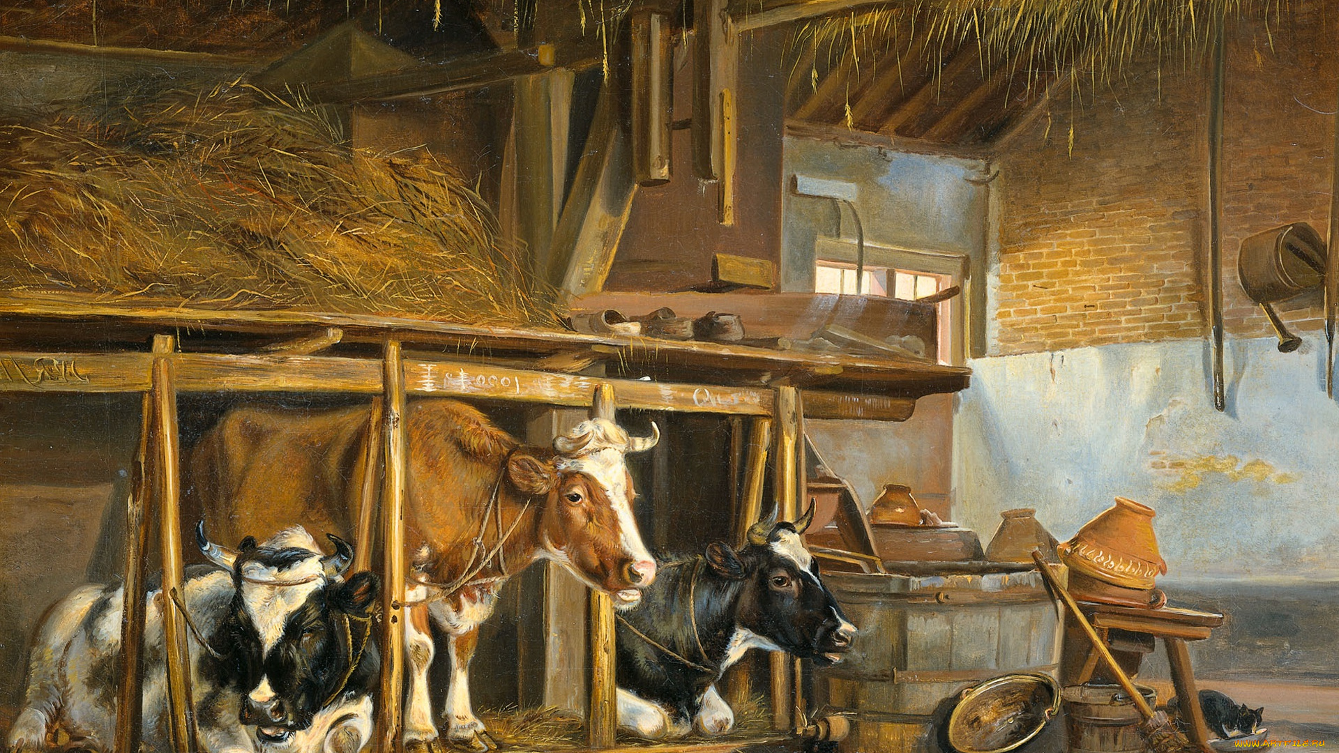 рисованное, живопись, животные, коровы, в, хлеву, масло, картина, jan, van, ravenswaay, холст