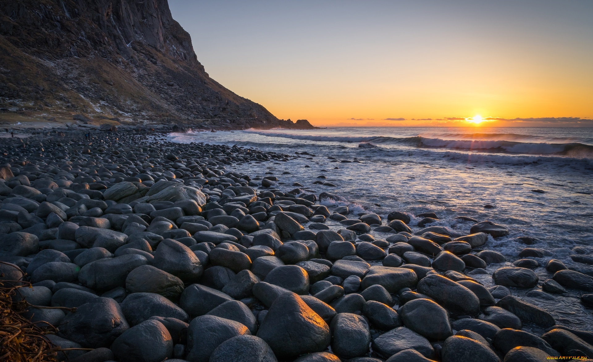 природа, побережье, закат, галька, скалы, камни, берег, море