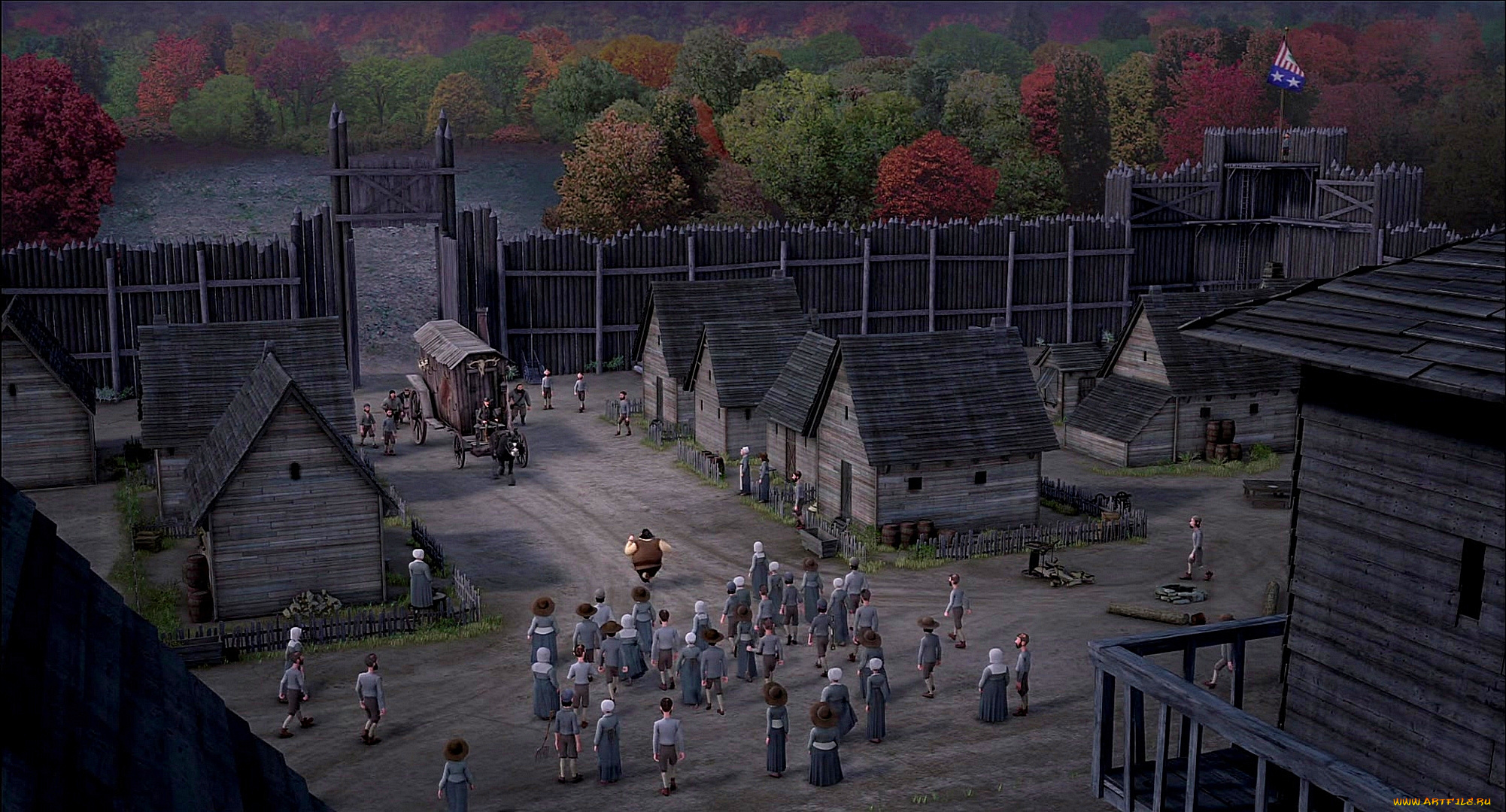 мультфильмы, free, birds, деревья, карета, поселение, частокол, люди