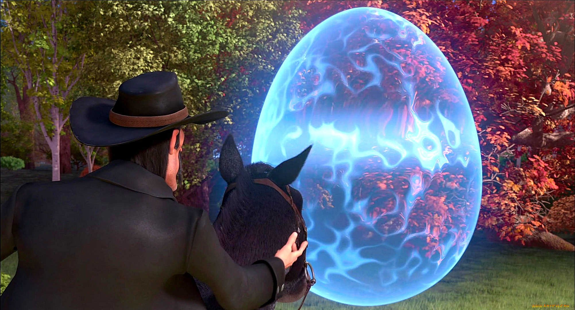 мультфильмы, free, birds, машина, времени, деревья, лошадь, шляпа, мужчина