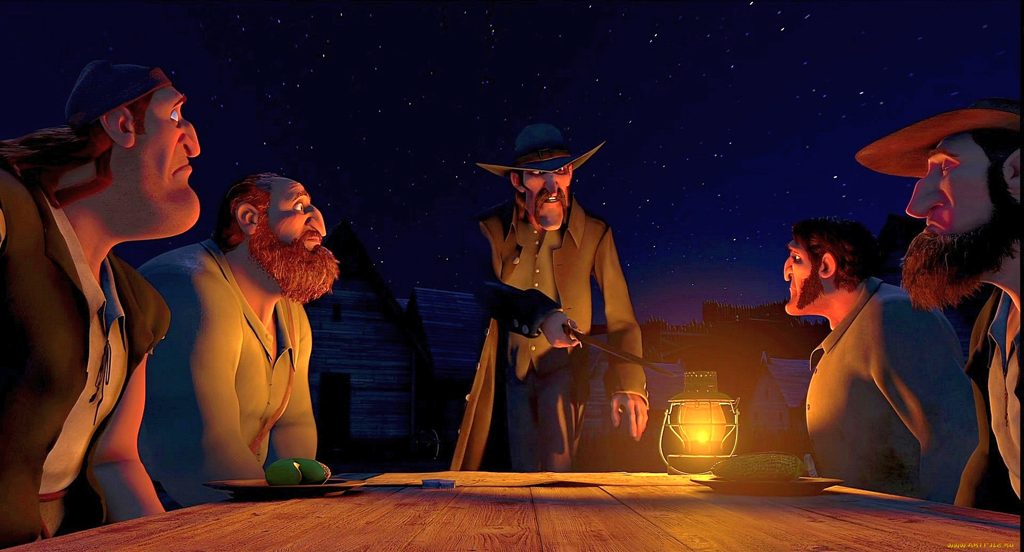 мультфильмы, free, birds, мужчина, стол, фонарь, шляпа, ночь, много