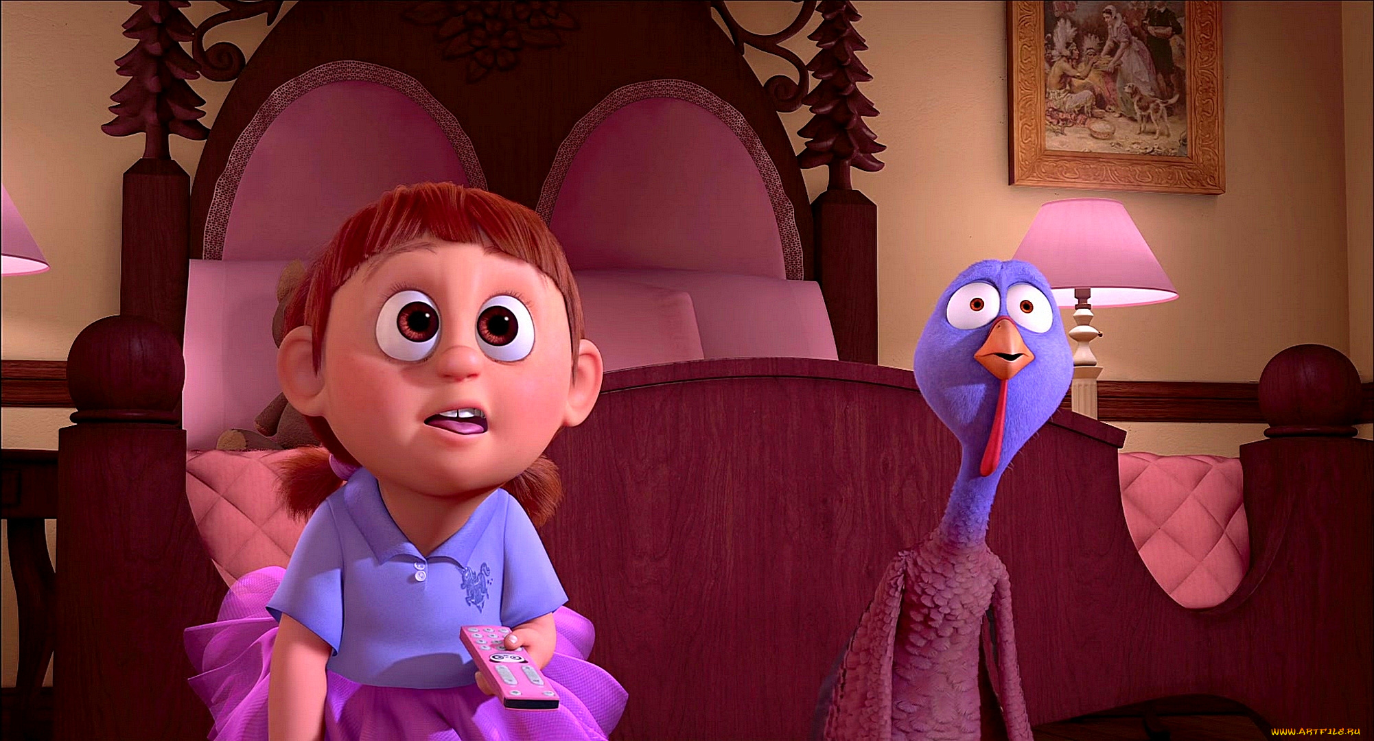 мультфильмы, free, birds, птица, картина, лампа, кровать, девочка, индюк