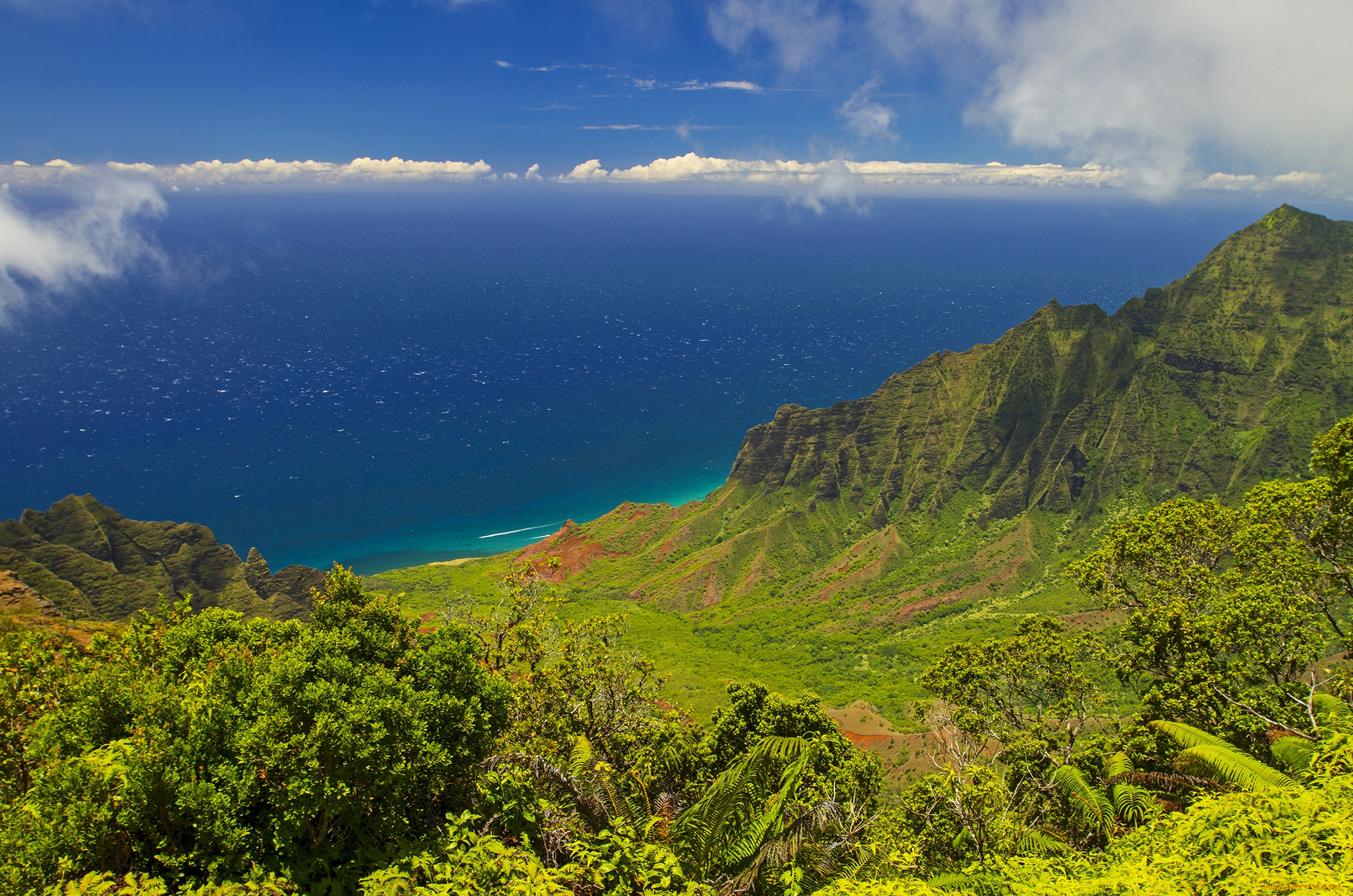 природа, побережье, зелень, горы, небо, море, панорама, берег