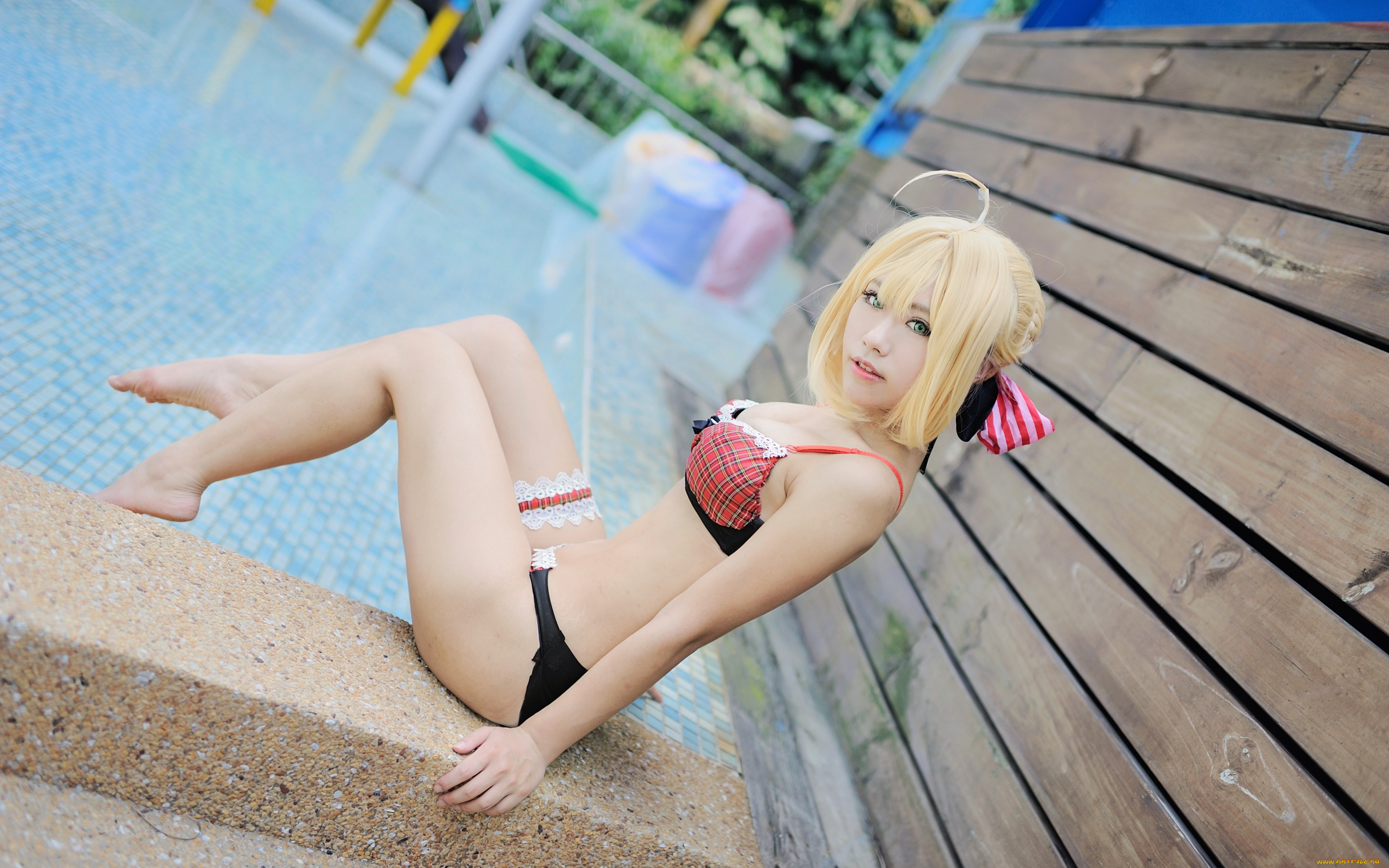 разное, cosplay, , косплей, сейбер, купальник, модель, фигура, лицо, бассейн, ножки, волосы