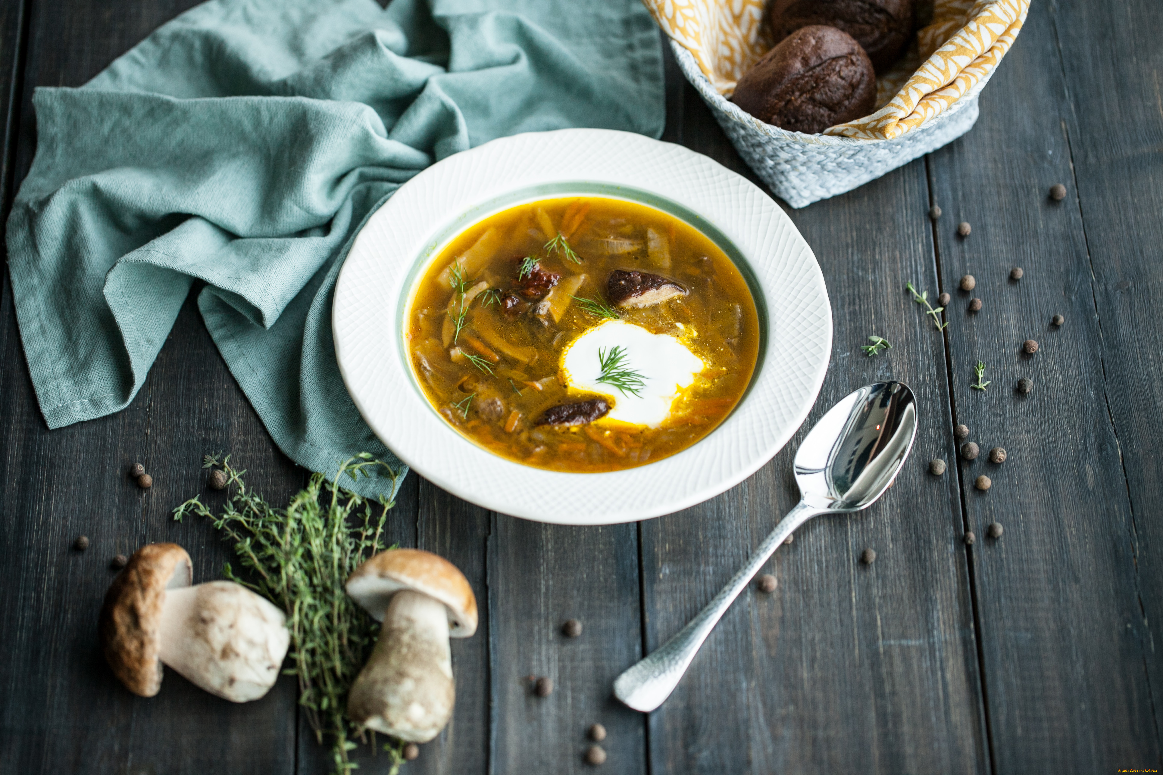 еда, первые, блюда, салфетка, грибы, первое, блюдо, грибной, суп, столовые, приборы