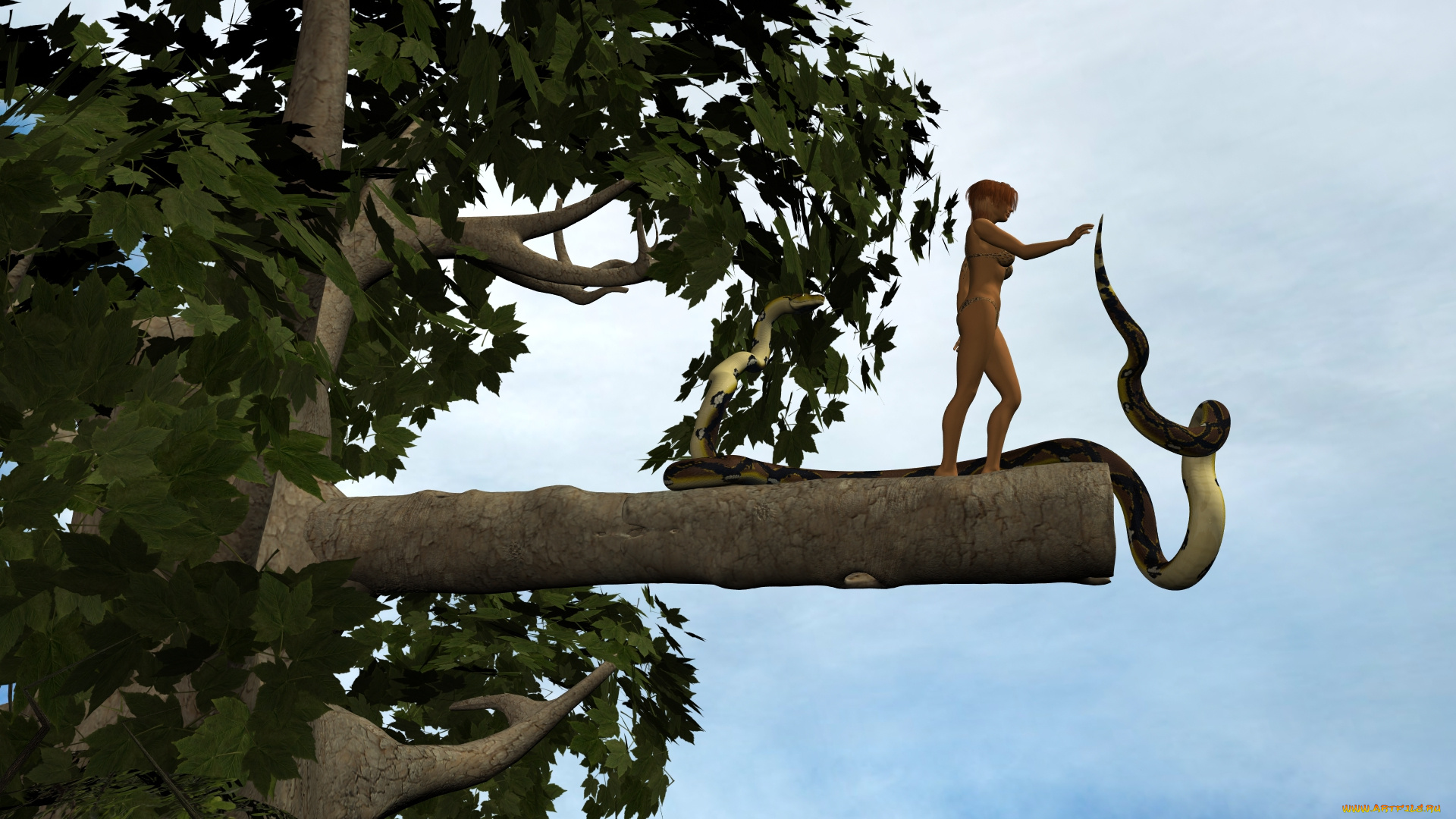 3д, графика, фантазия, , fantasy, девушка, взгляд, фон, змея, дерево