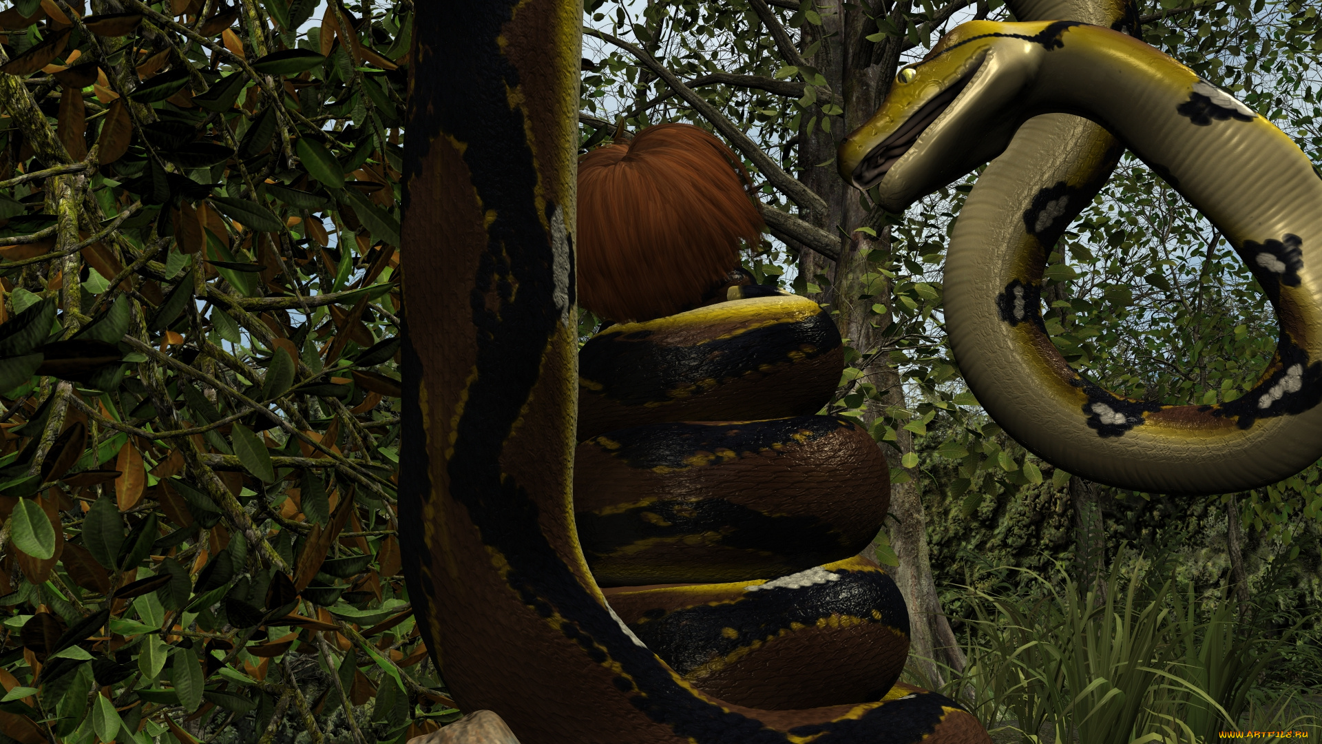 3д, графика, фантазия, , fantasy, фон, змея, девушка, взгляд