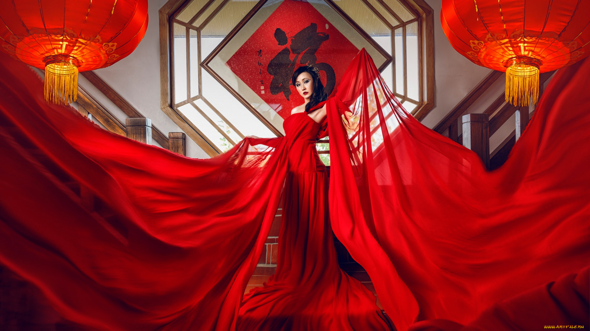 девушки, -unsort, , брюнетки, темноволосые, модель, фонарики, ткань, азиатка, красное, платье, стиль, поза