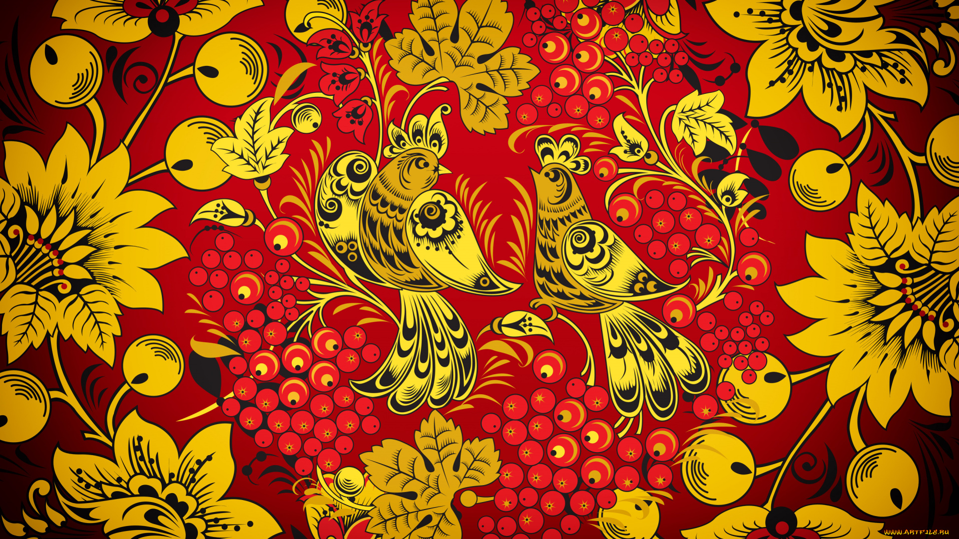 векторная, графика, птицы, , птицы, русская, роспись, иван, иваныч, madeinkipish, хохломская, хохлома, арт, фон, стиль, птица, красный, цветы