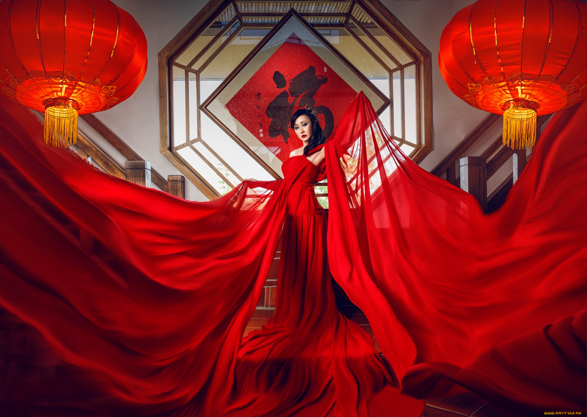 девушки, -unsort, , брюнетки, темноволосые, модель, фонарики, ткань, азиатка, красное, платье, стиль, поза