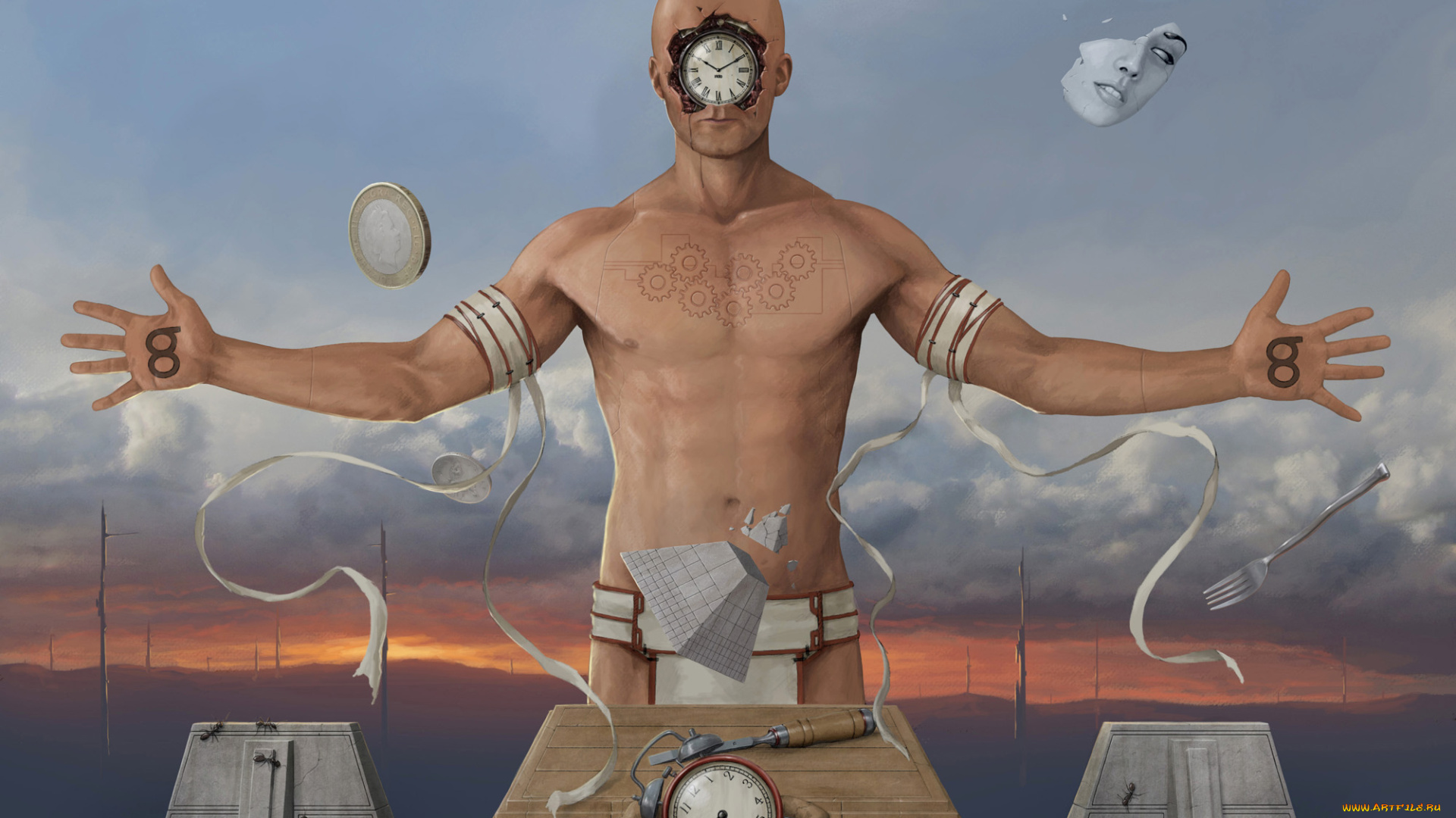 фэнтези, существа, часы, лицо, фон, мужчина