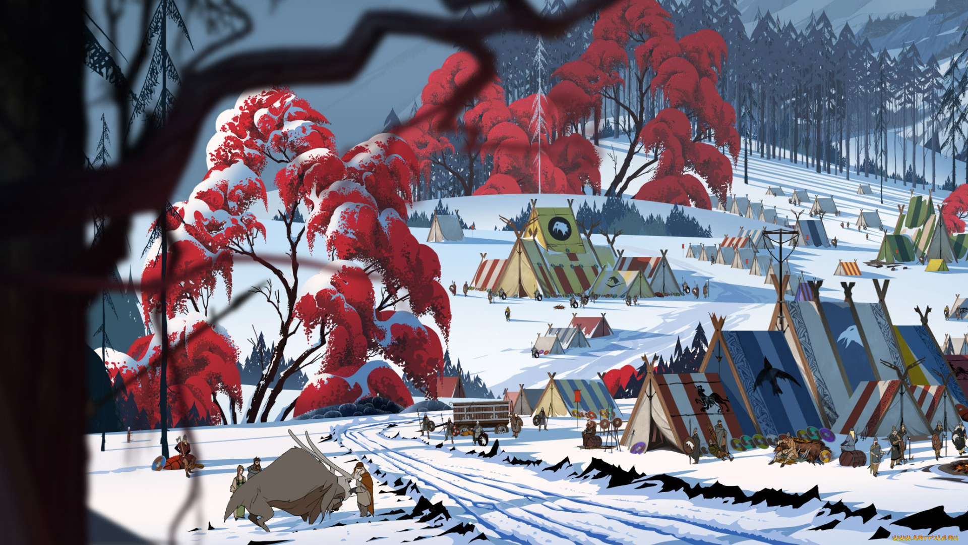 рисованное, города, деревня, фон, вигвам