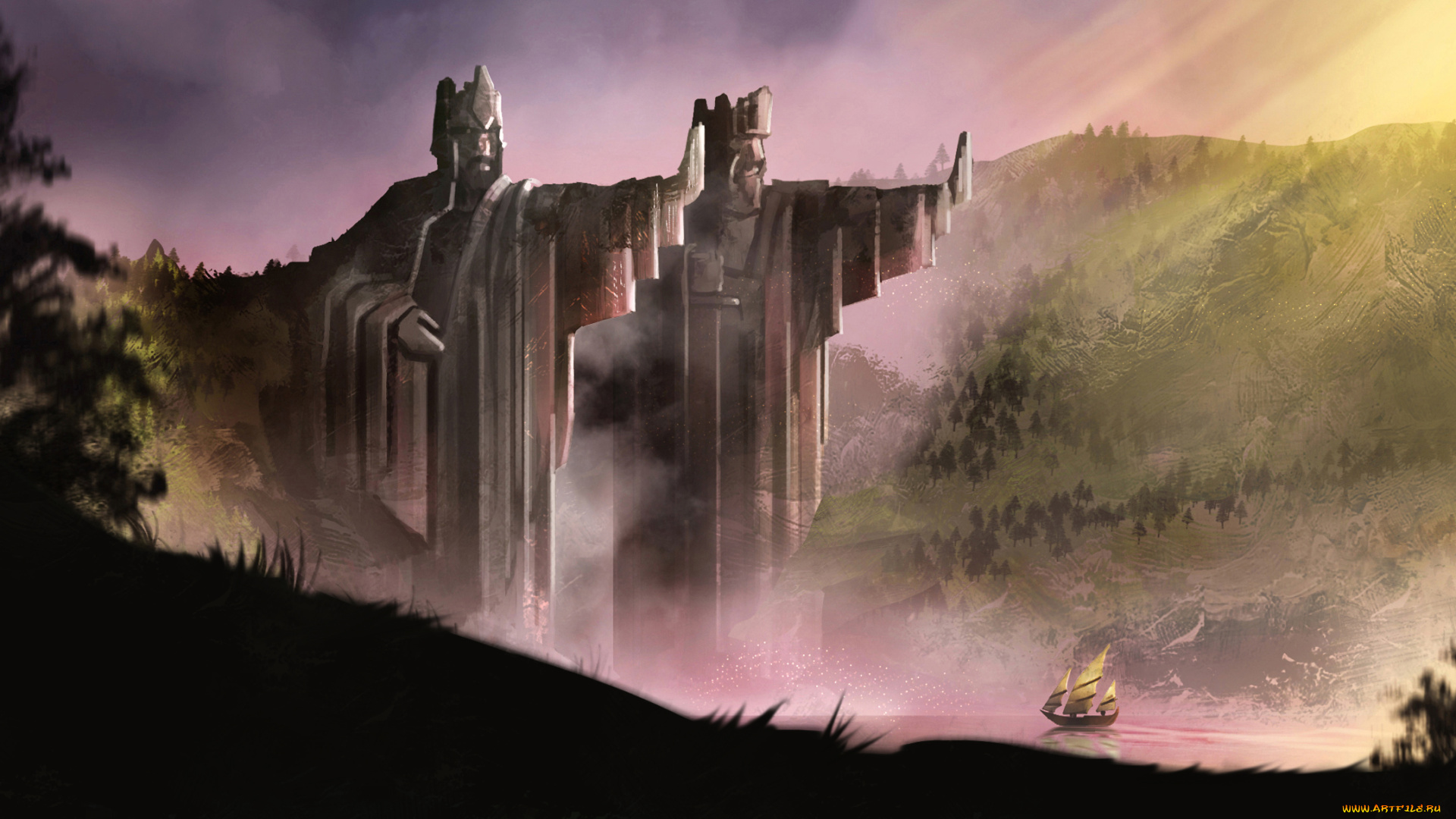 рисованное, кино, статуи, фон, корабль