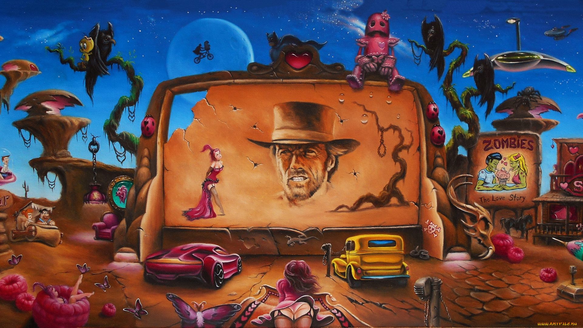 рисованное, комиксы, птица, дом, авто, кинотеатр, фон, девушка, нло