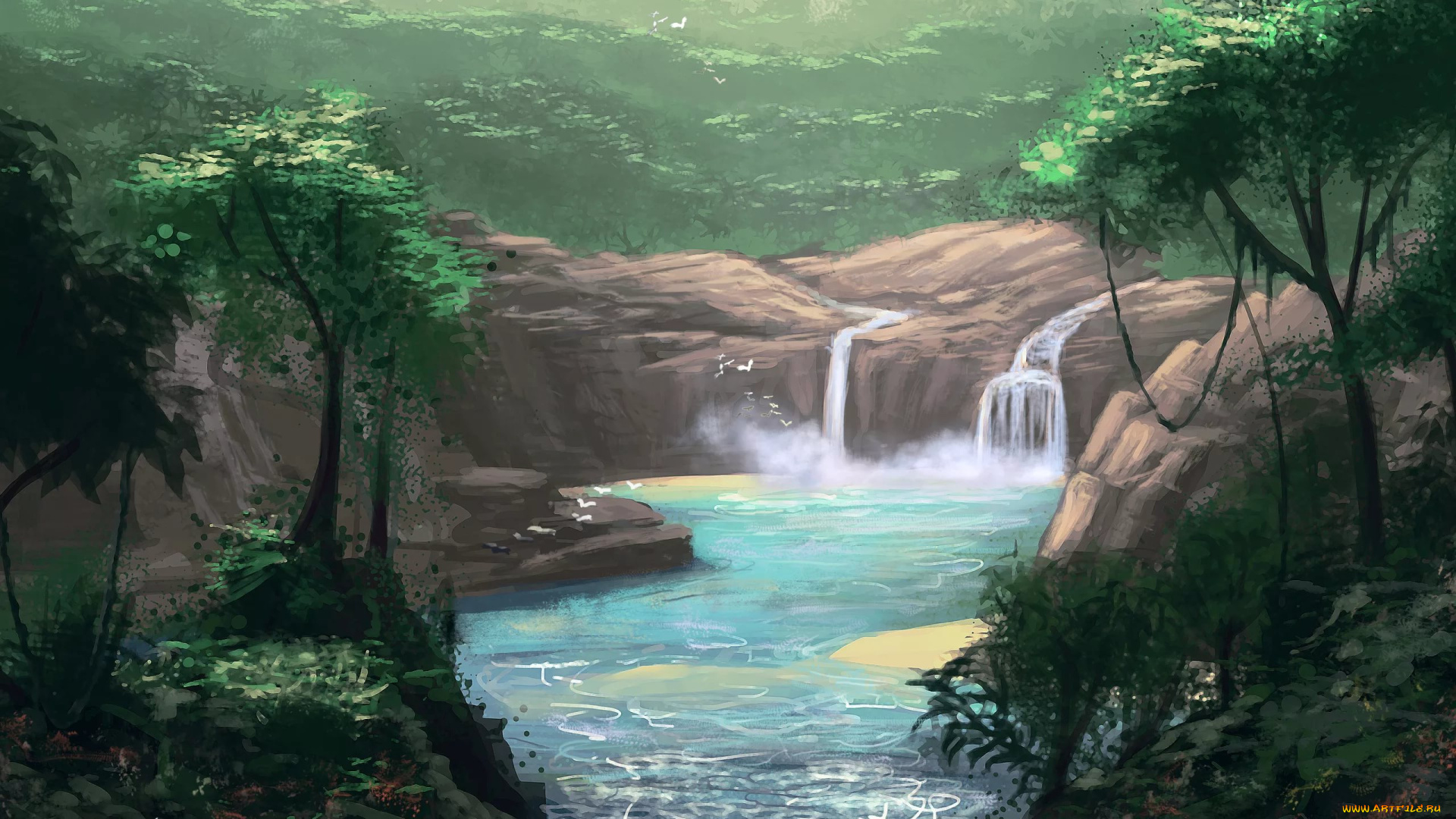 рисованное, природа, деревья, лес, река, водопад