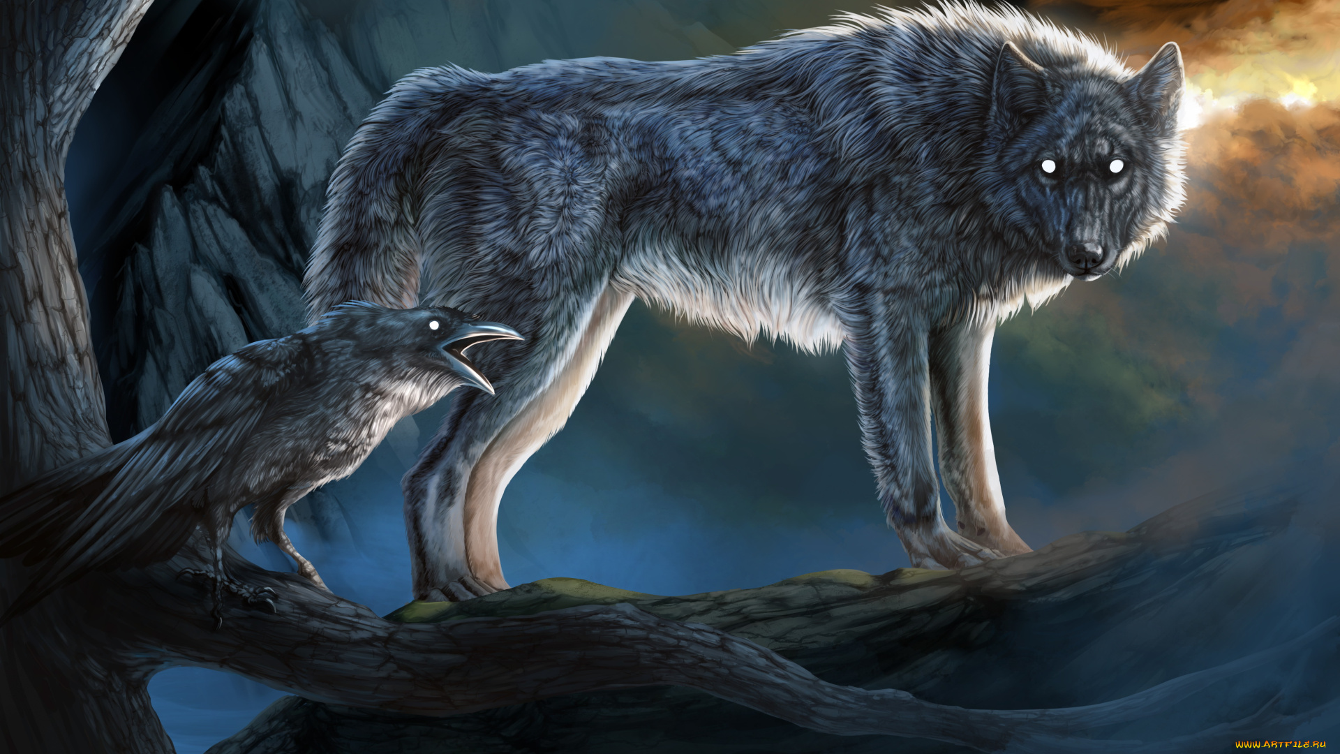 рисованное, животные, , волки, фон, волк, ворон, взгляд
