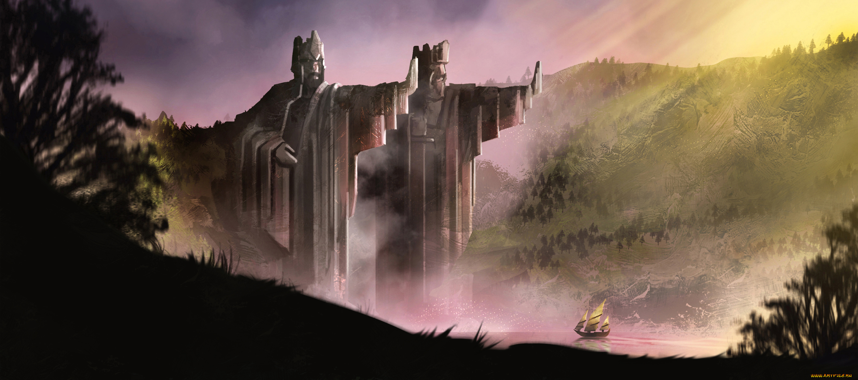 рисованное, кино, статуи, фон, корабль