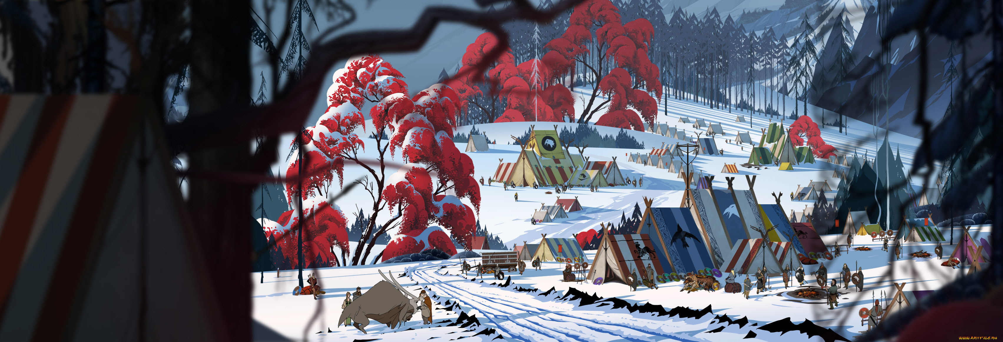 рисованное, города, деревня, фон, вигвам