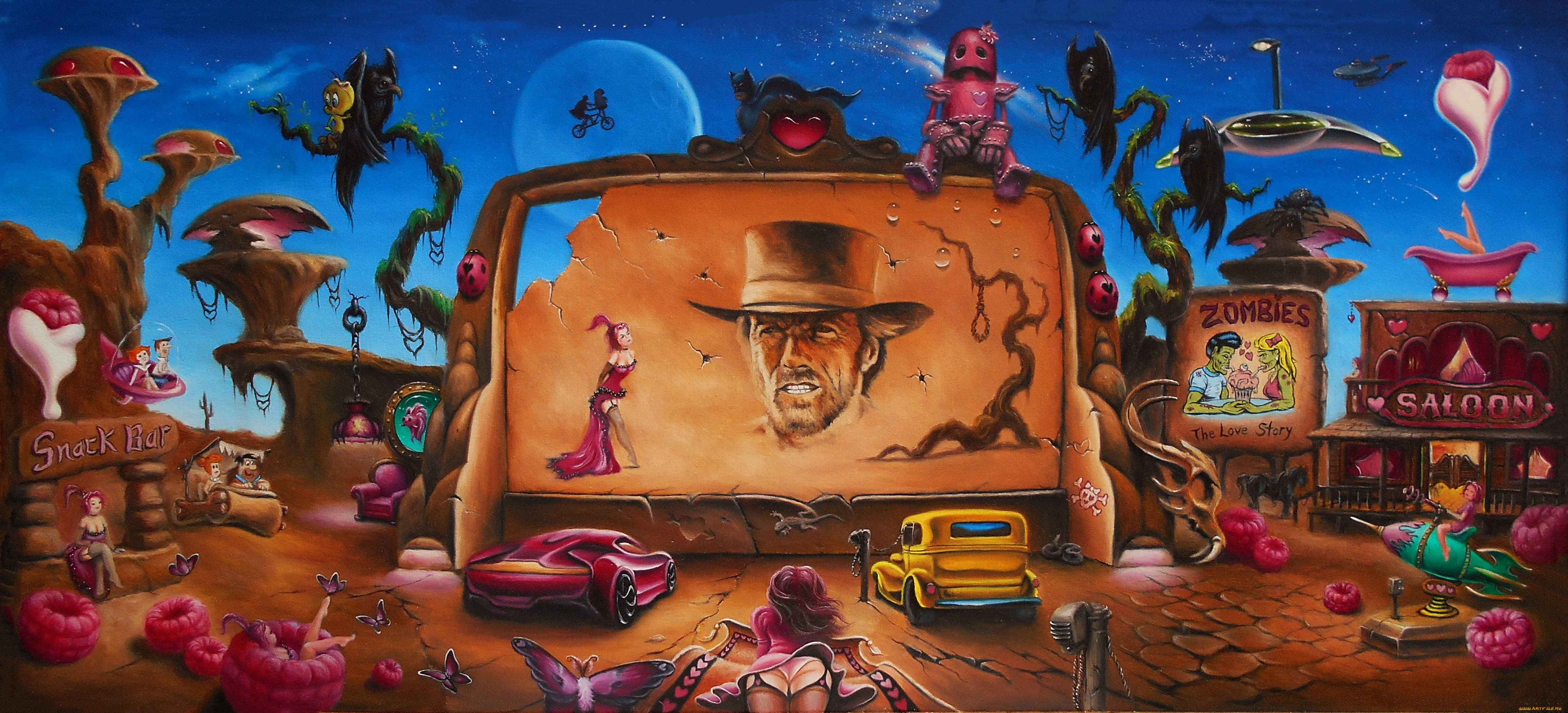 рисованное, комиксы, птица, дом, авто, кинотеатр, фон, девушка, нло